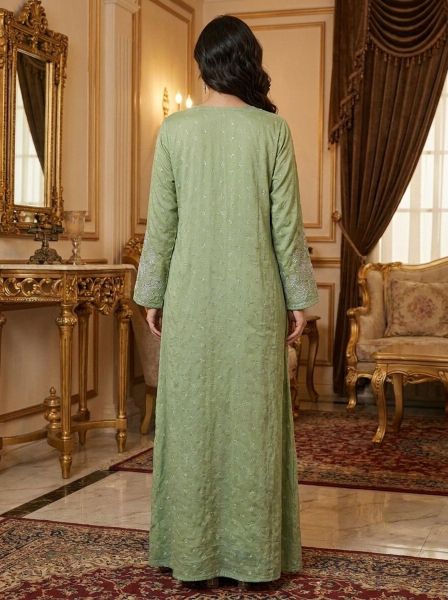 Chikankari Embroidered Jalabiya with Beaded Yoke | Long Sleeve Modest Maxi Dress