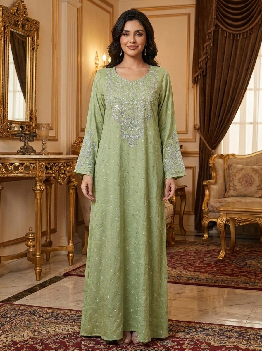 Chikankari Embroidered Jalabiya with Beaded Yoke | Long Sleeve Modest Maxi Dress