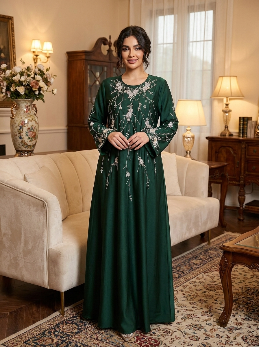 Floral Branch Embroidered Satin Dress with Beaded Cuffs | Long Sleeve Modest Maxi Dress