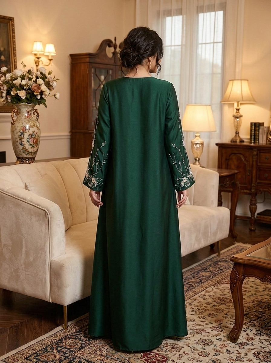 Floral Branch Embroidered Satin Dress with Beaded Cuffs