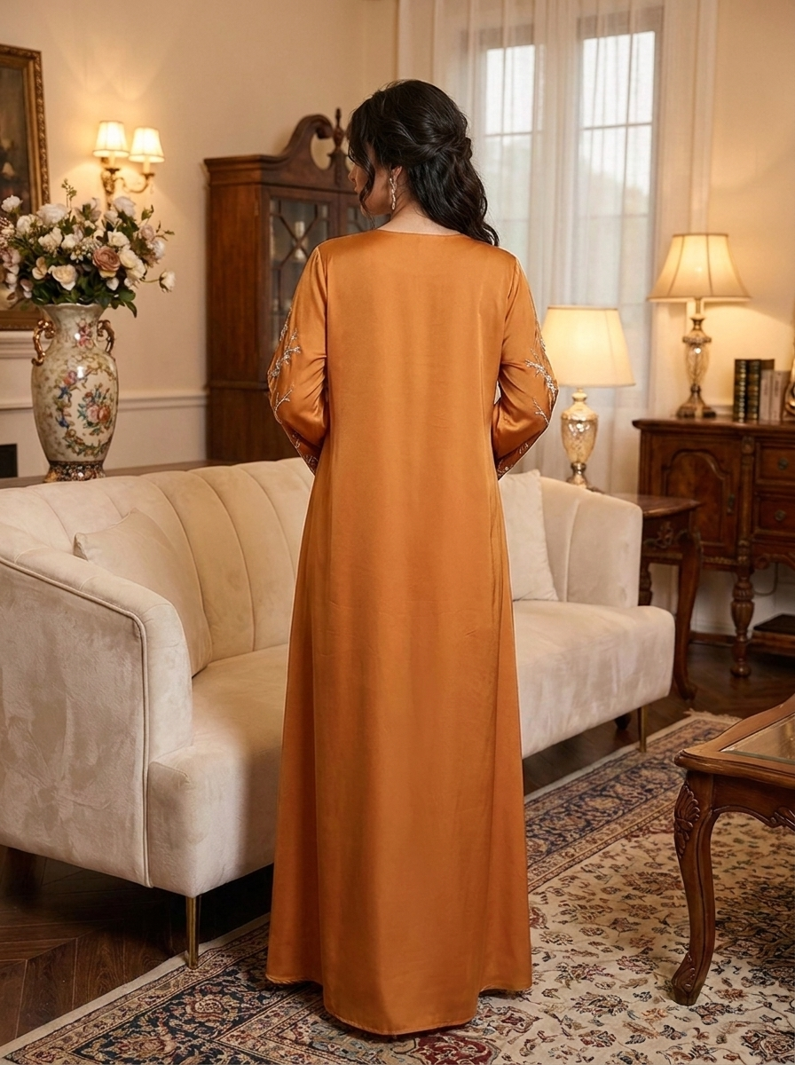 Floral Branch Embroidered Satin Dress with Beaded Cuffs | Long Sleeve Modest Maxi Dress