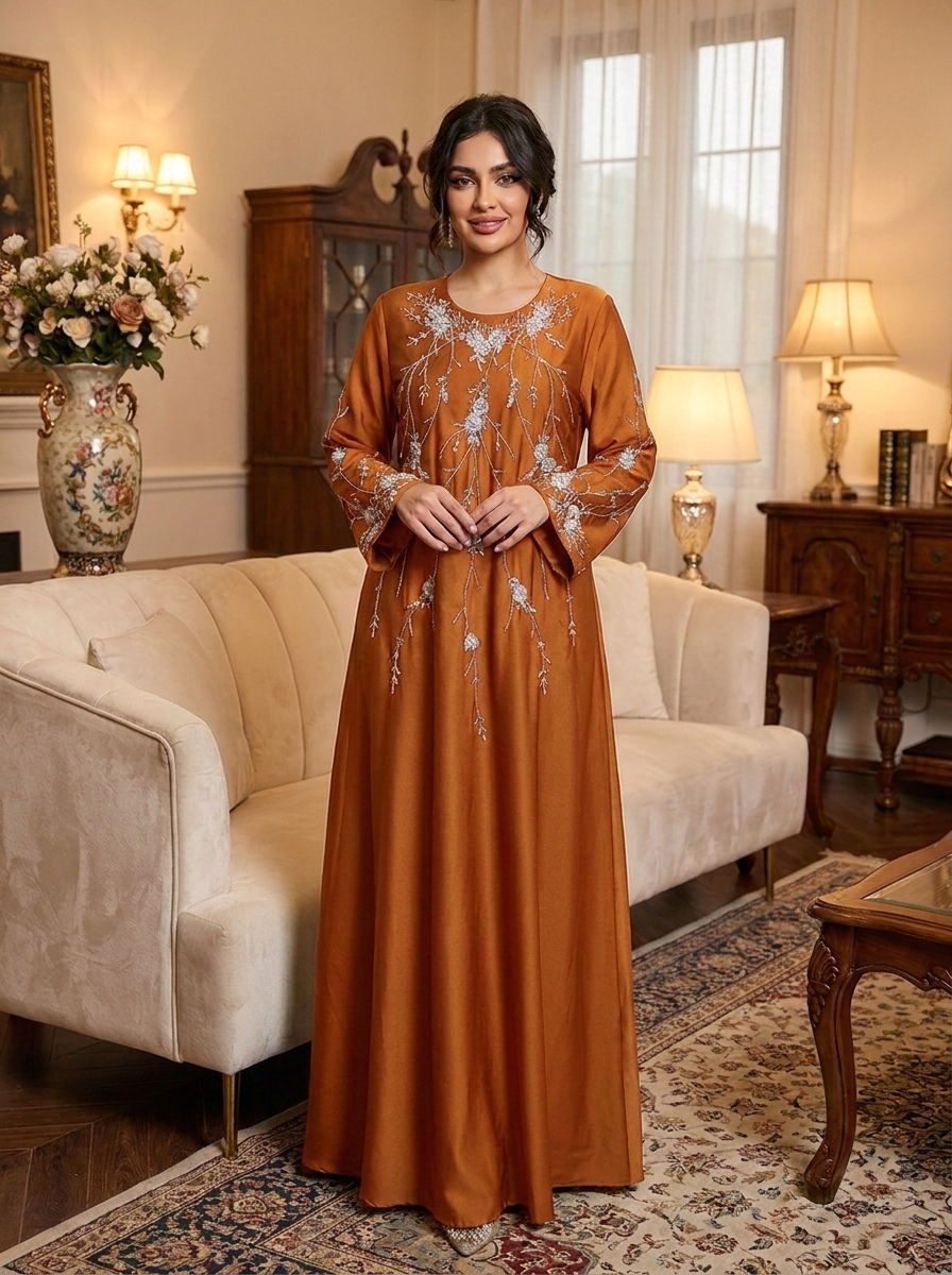 Floral Branch Embroidered Satin Dress with Beaded Cuffs | Long Sleeve Modest Maxi Dress