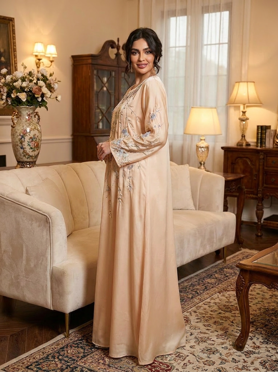 Floral Branch Embroidered Satin Dress with Beaded Cuffs | Long Sleeve Modest Maxi Dress