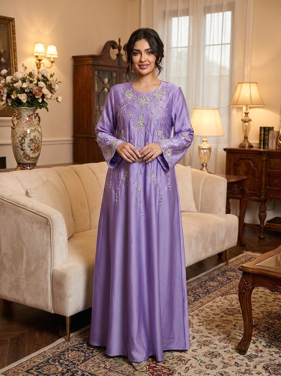 Floral Branch Embroidered Satin Dress with Beaded Cuffs | Long Sleeve Modest Maxi Dress