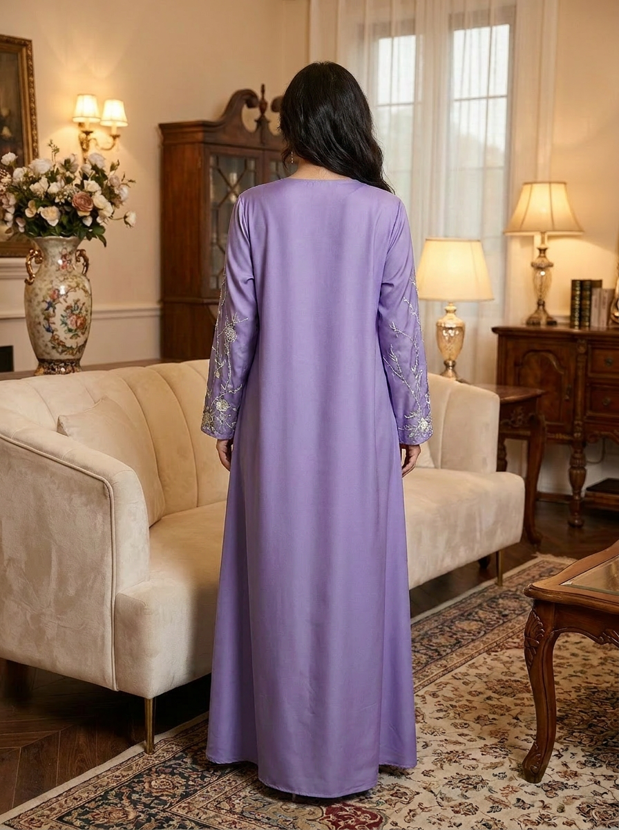 Floral Branch Embroidered Satin Dress with Beaded Cuffs | Long Sleeve Modest Maxi Dress