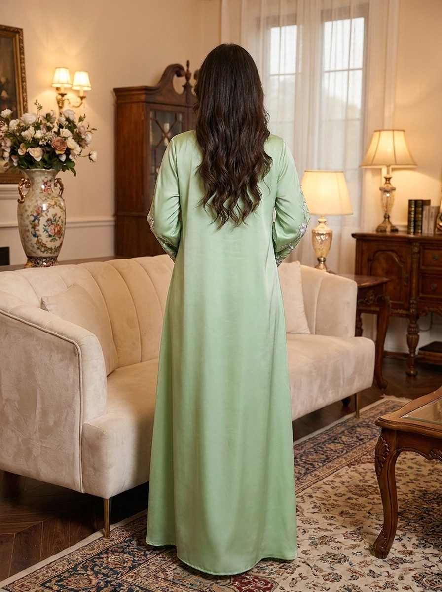 Floral Branch Embroidered Satin Dress with Beaded Cuffs | Long Sleeve Modest Maxi Dress