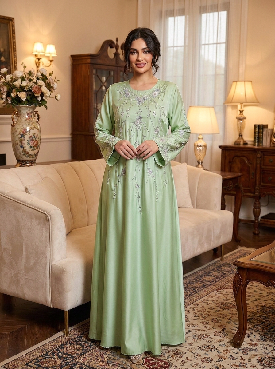 Floral Branch Embroidered Satin Dress with Beaded Cuffs | Long Sleeve Modest Maxi Dress
