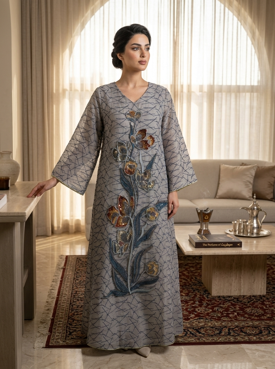 Crepe Dress with Multicolour Beaded Floral Applique & Abstract Branch Print | Kimono Sleeve Modest Maxi Dress