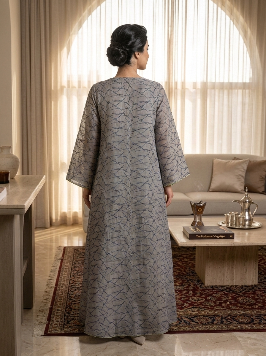 Crepe Dress with Multicolour Beaded Floral Applique & Abstract Branch Print | Kimono Sleeve Modest Maxi Dress