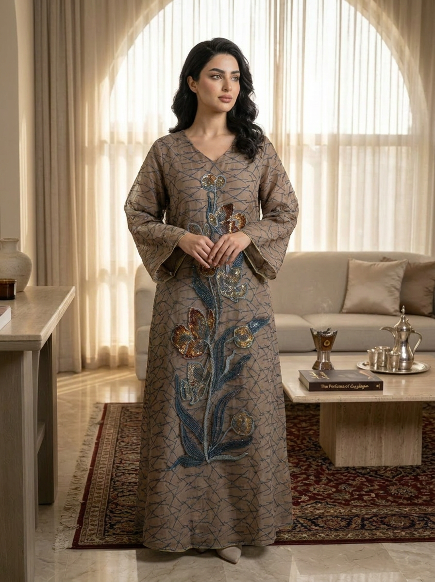 Crepe Dress with Multicolour Beaded Floral Applique & Abstract Branch Print | Kimono Sleeve Modest Maxi Dress