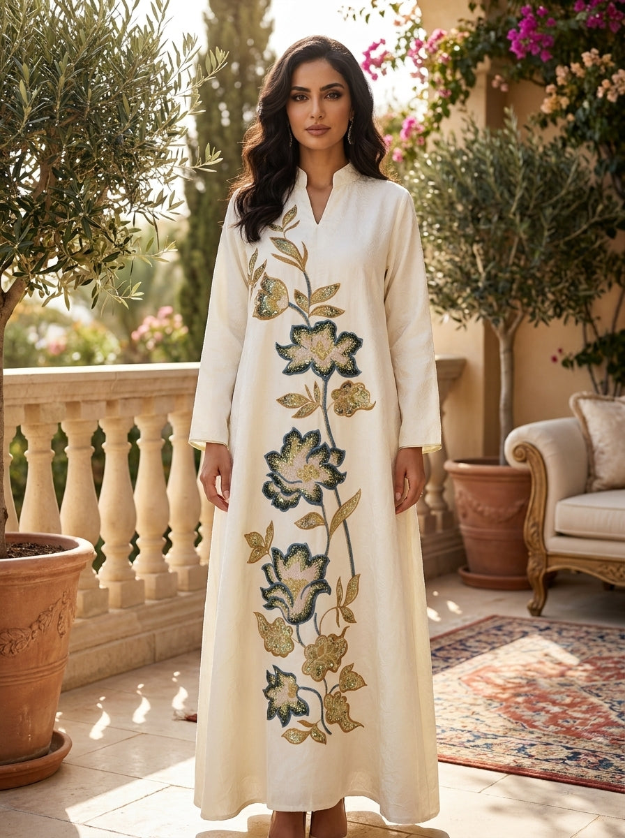 Elegant Floral Embroidered Maxi Kaftan Dress for Women