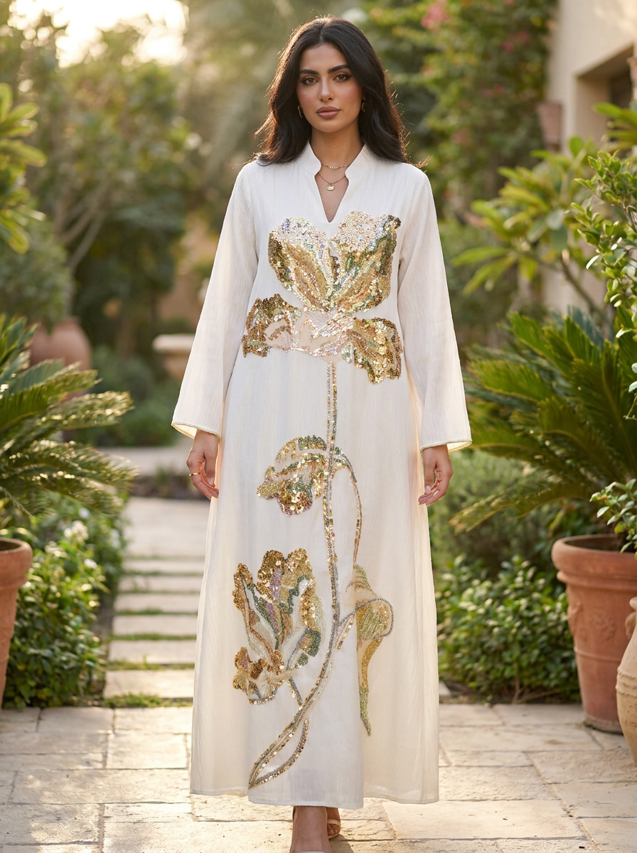 White Jalabiya with Gold Sequin Floral Embroidery