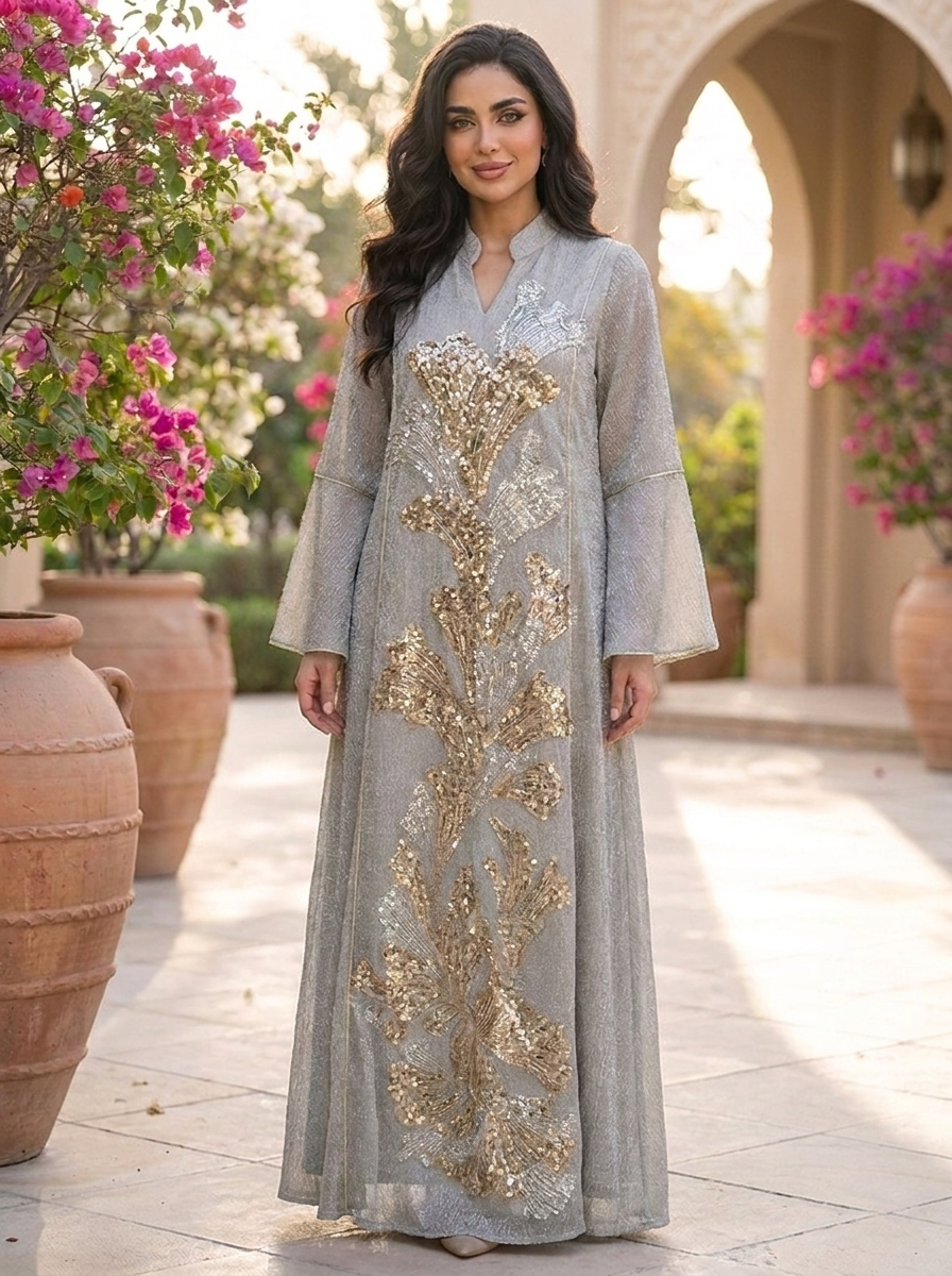 Grey Shimmer Jalabiya with Black & Golden Sequin Floral Embroidery | Modest Maxi Dress