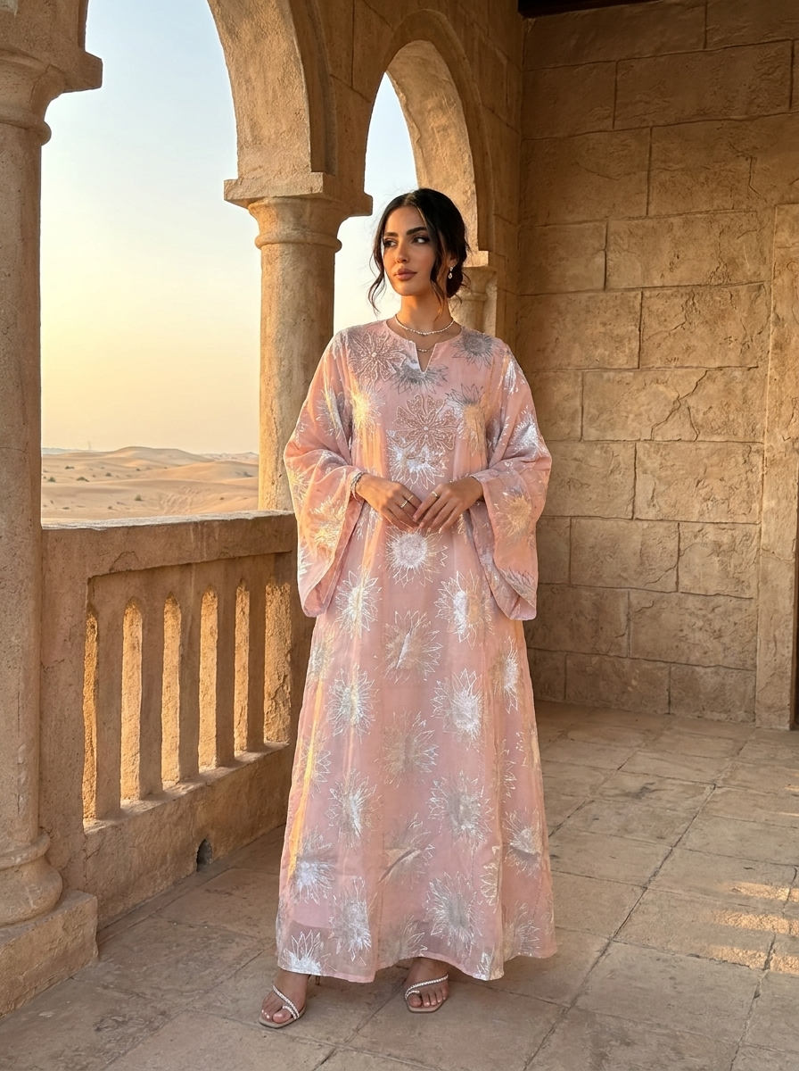 Floral Jalabiya with Silver Starburst Print & Beaded Neckline | Modest Maxi Dress | Eid & Occasion Wear