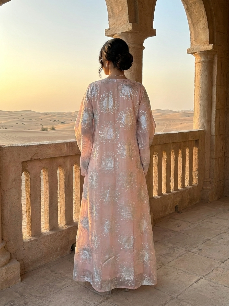 Floral Jalabiya with Silver Starburst Print & Beaded Neckline | Modest Maxi Dress | Eid & Occasion Wear
