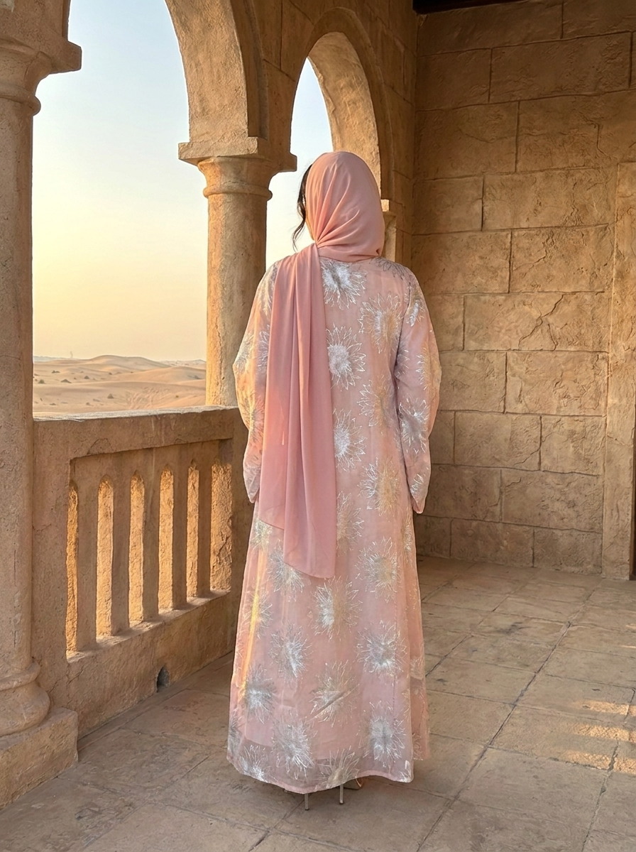 Floral Jalabiya with Silver Starburst Print & Beaded Neckline | Modest Maxi Dress | Eid & Occasion Wear