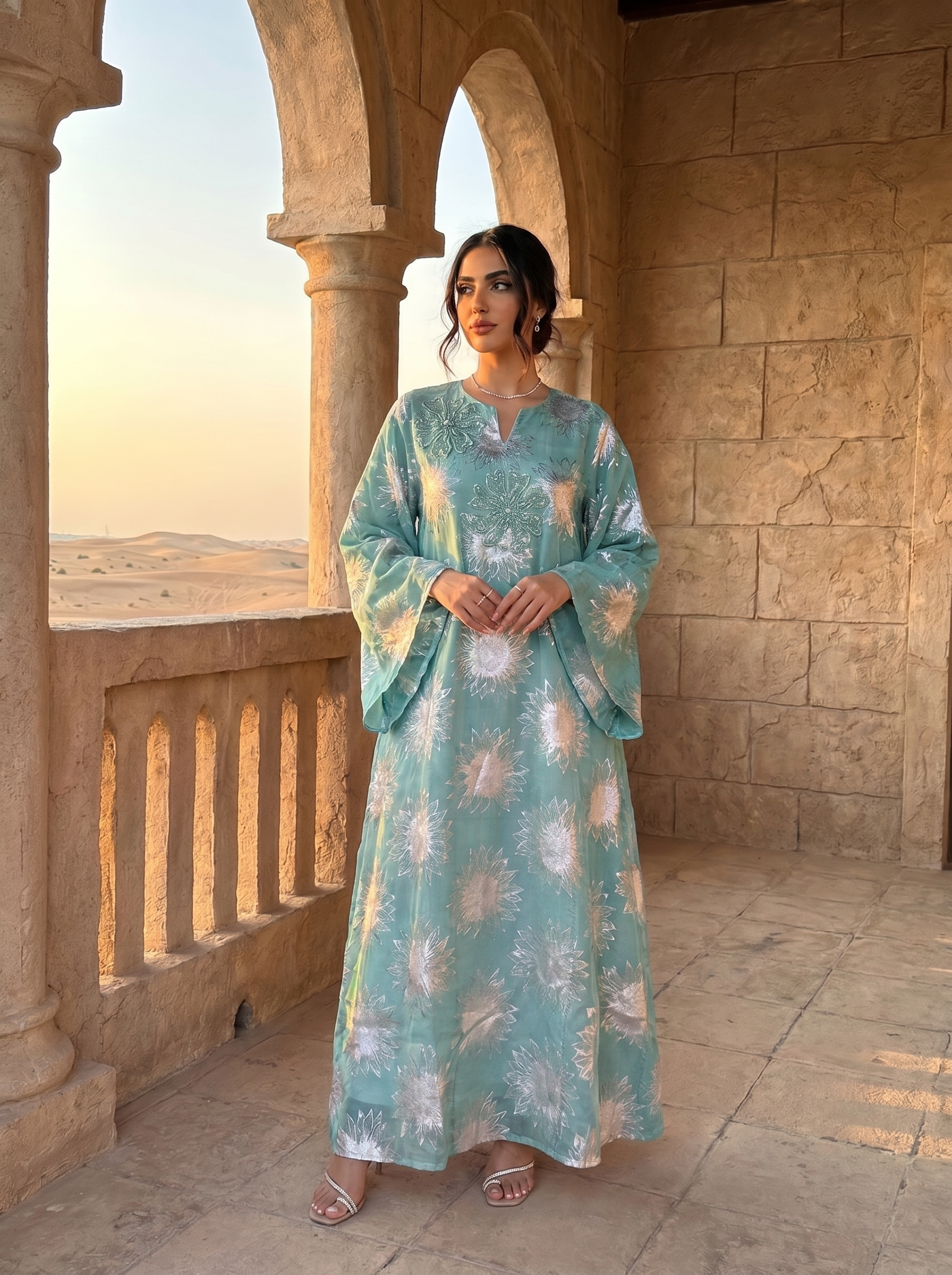 Floral Jalabiya with Silver Starburst Print & Beaded Neckline | Modest Maxi Dress | Eid & Occasion Wear