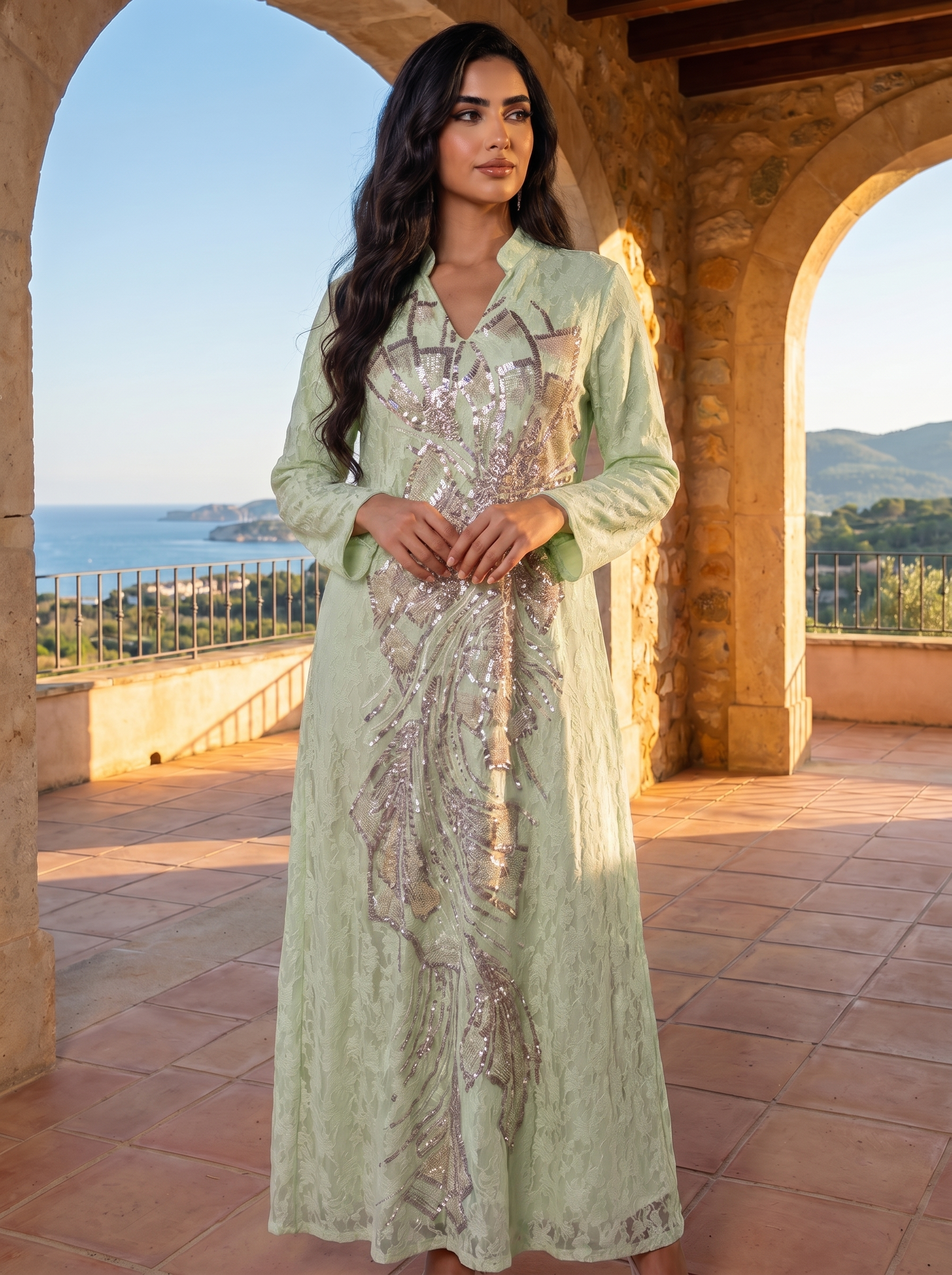 Lace Jalabiya with Silver & Rose Gold Sequin Embroidery | Modest Maxi Dress | Eid & Wedding Occasion Wear