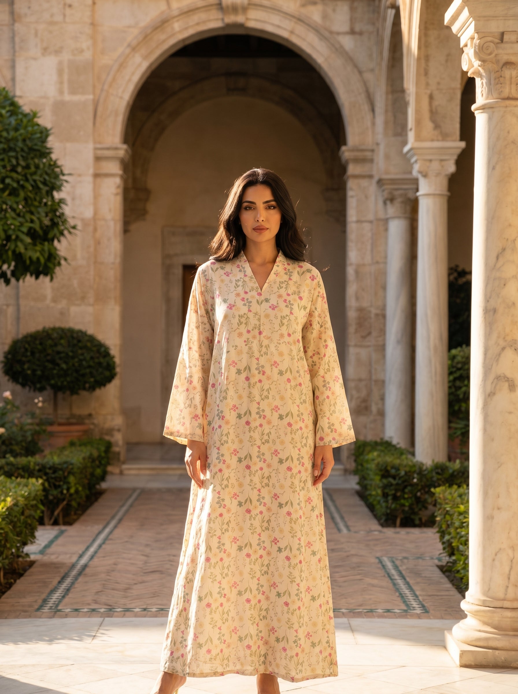 Elegant Floral Embroidered Modest Maxi Dress | Pastel Kaftan Jalabiya