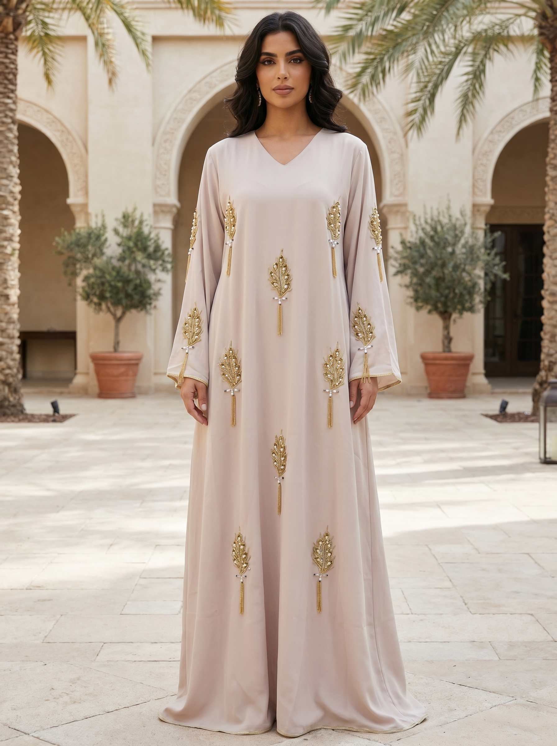 Elegant Embellished Jalabiya with Gold Leaf Embroidery & Tassels | Luxury Modest Wear