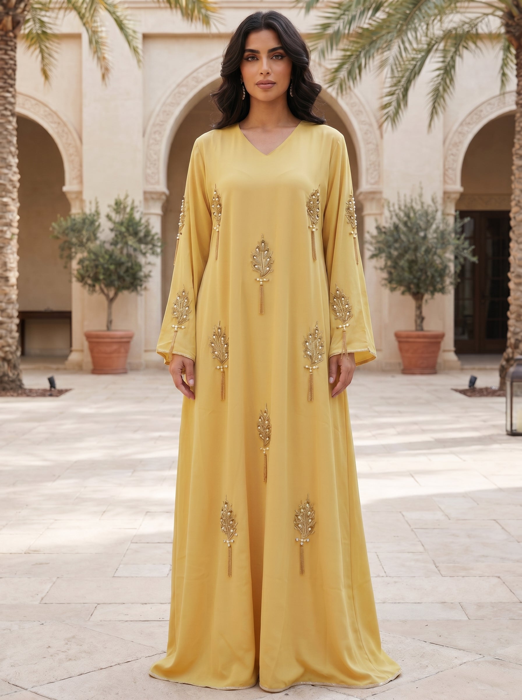 Elegant Embellished Jalabiya with Gold Leaf Embroidery & Tassels | Luxury Modest Wear