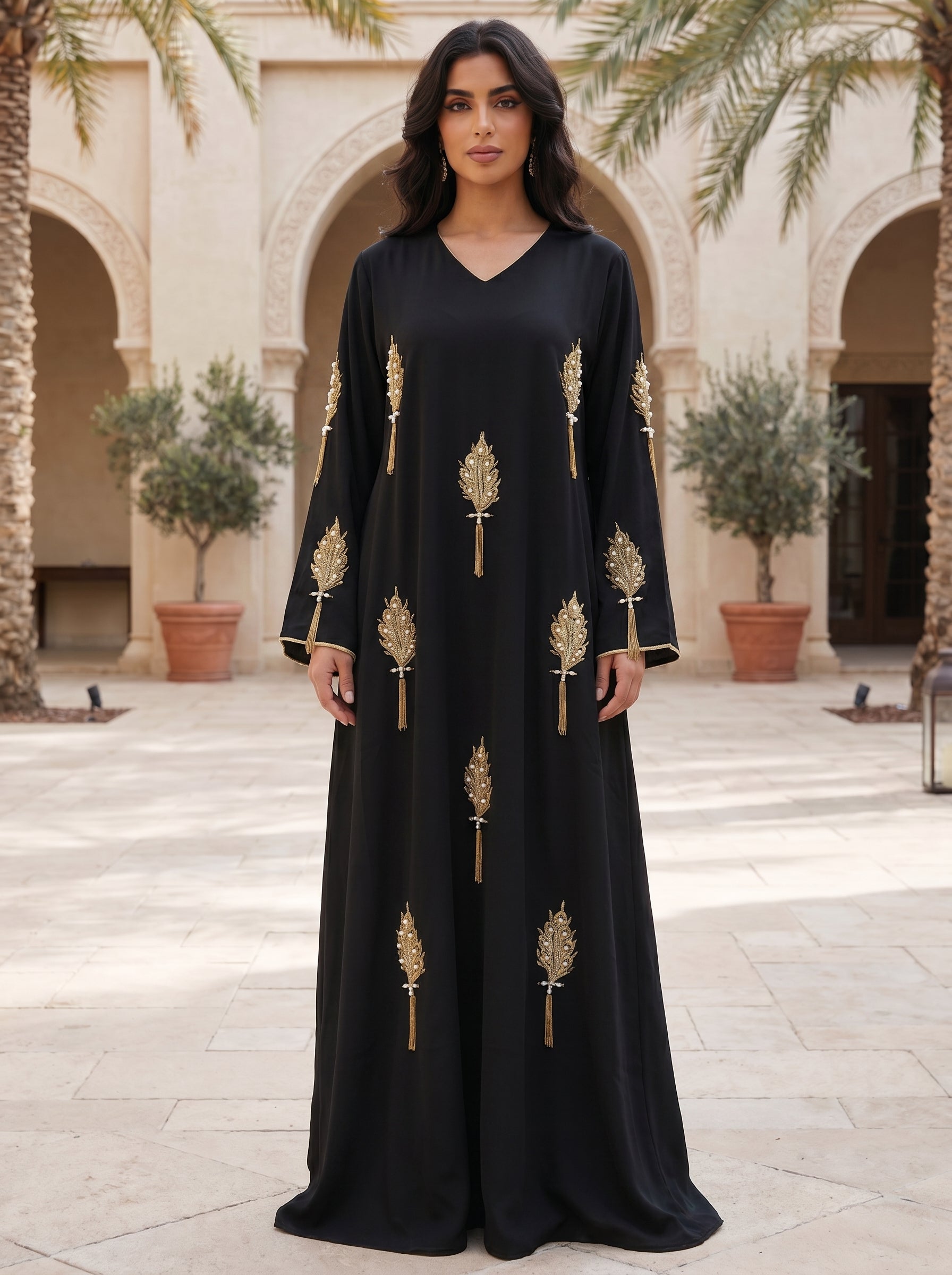 Elegant Embellished Jalabiya with Gold Leaf Embroidery & Tassels | Luxury Modest Wear