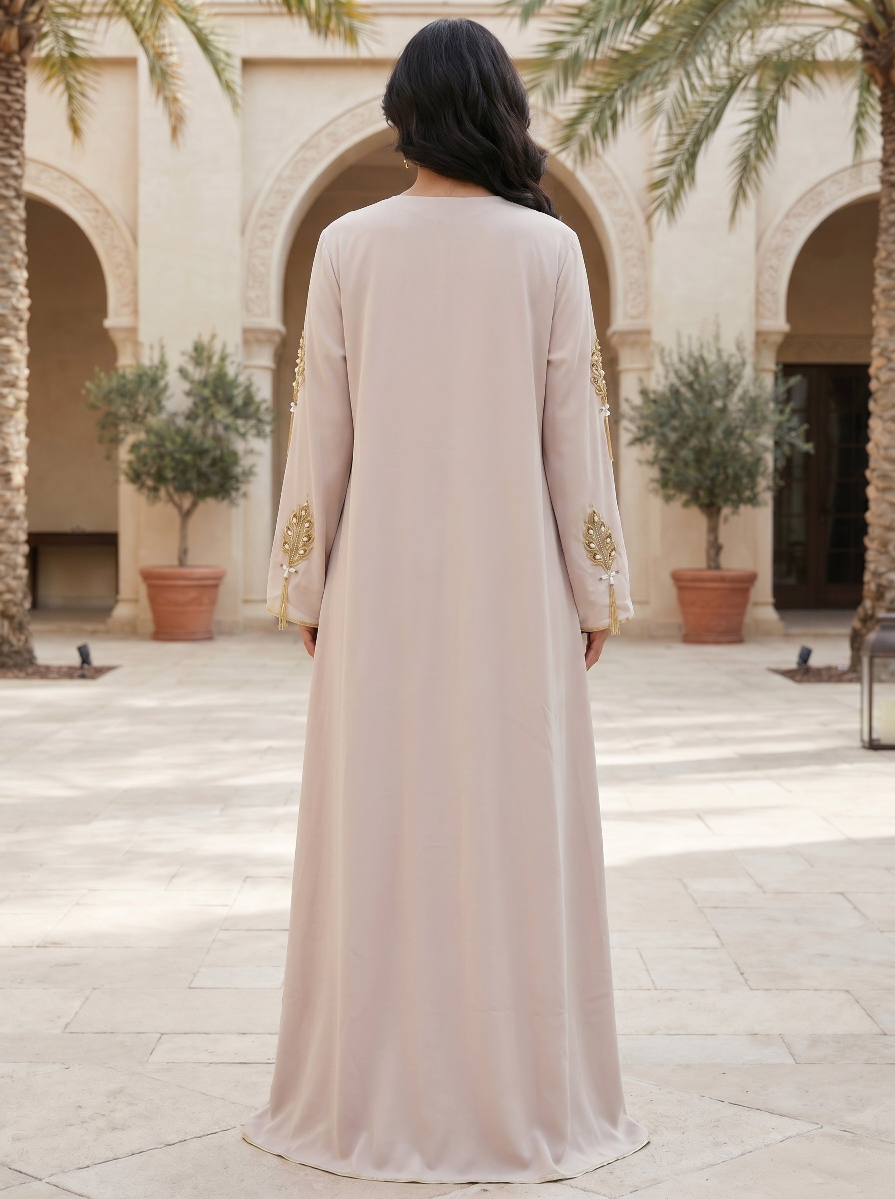 Elegant Embellished Jalabiya with Gold Leaf Embroidery & Tassels | Luxury Modest Wear