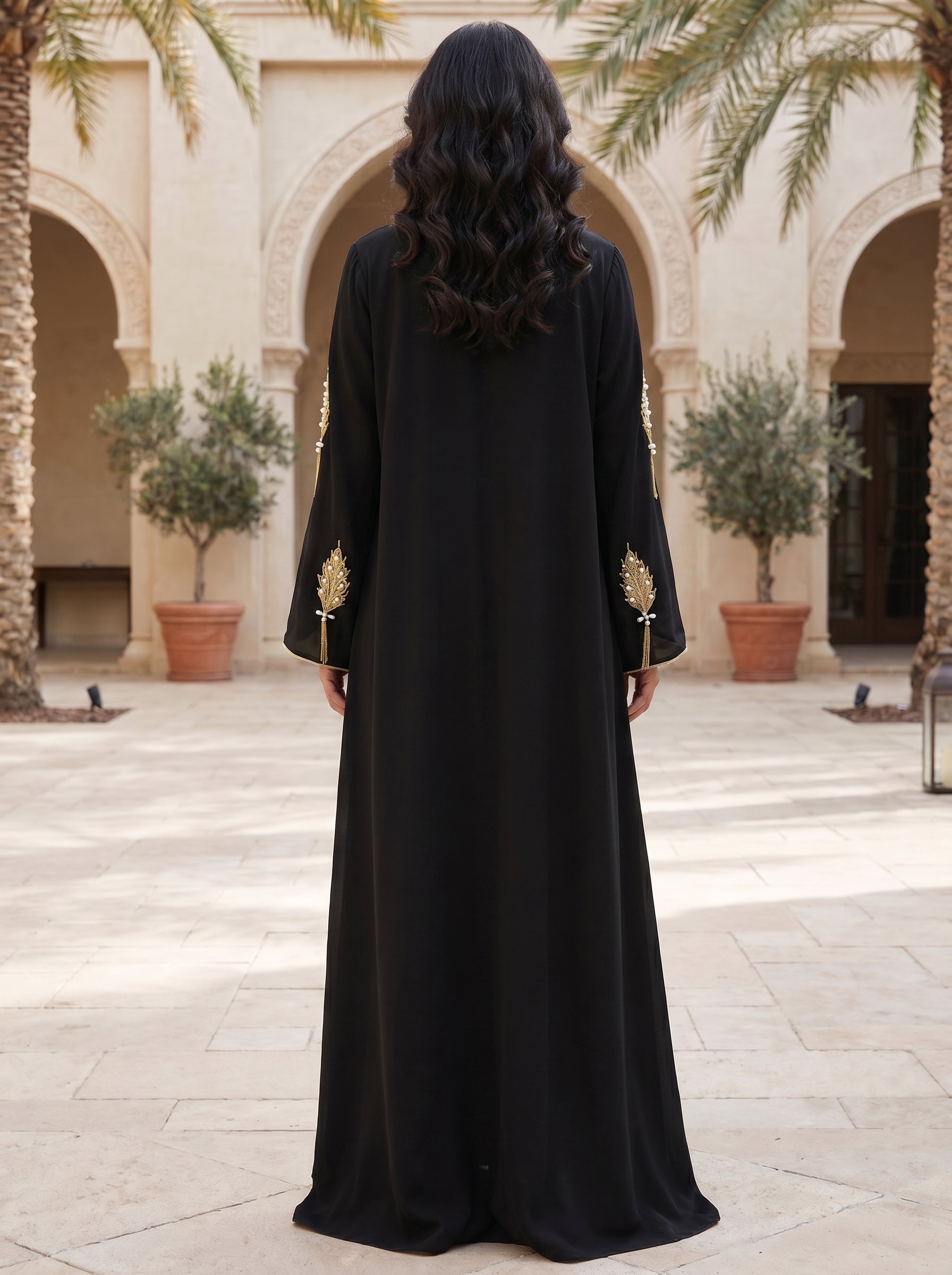 Elegant Embellished Jalabiya with Gold Leaf Embroidery & Tassels | Luxury Modest Wear