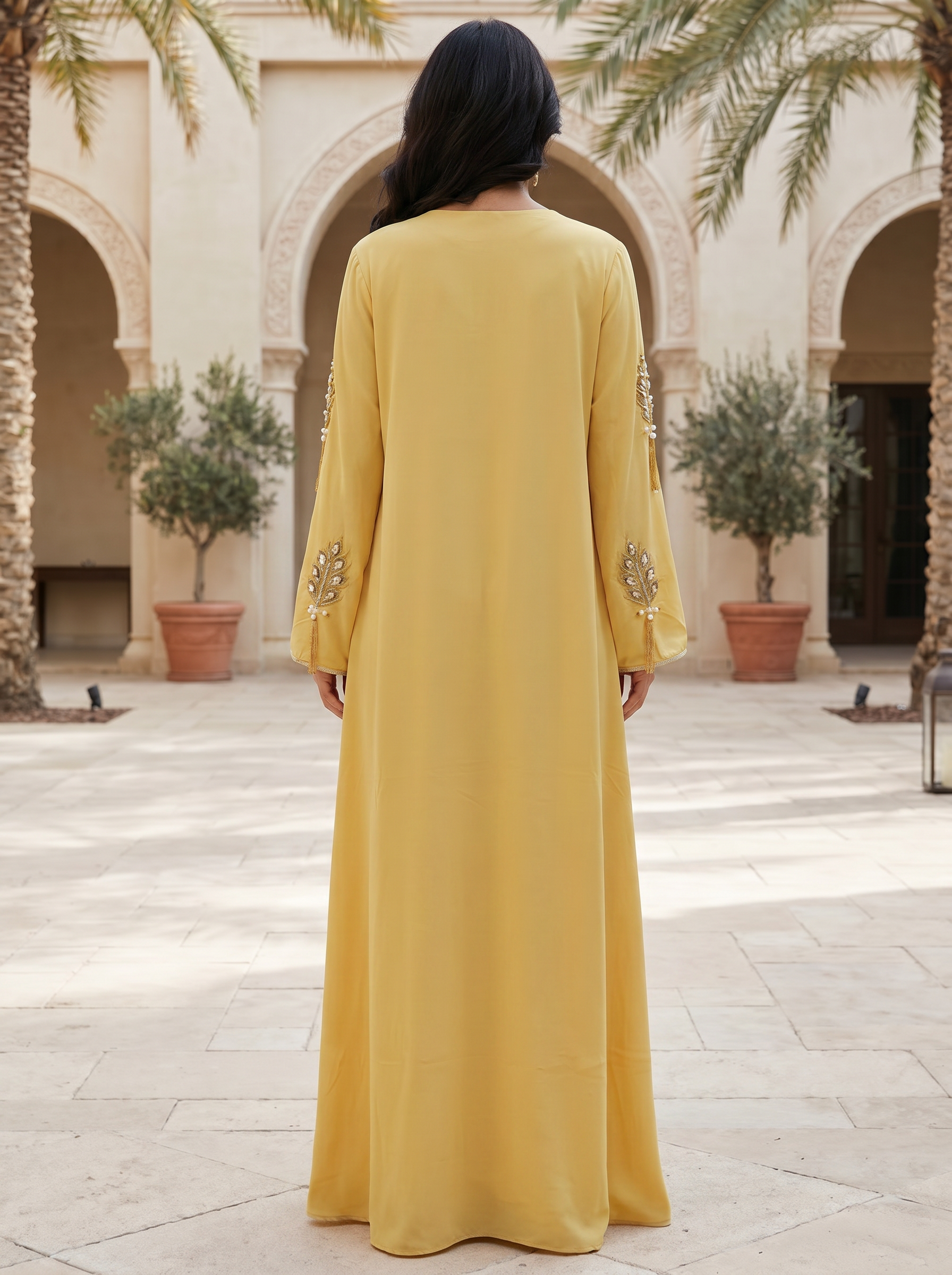 Elegant Embellished Jalabiya with Gold Leaf Embroidery & Tassels | Luxury Modest Wear