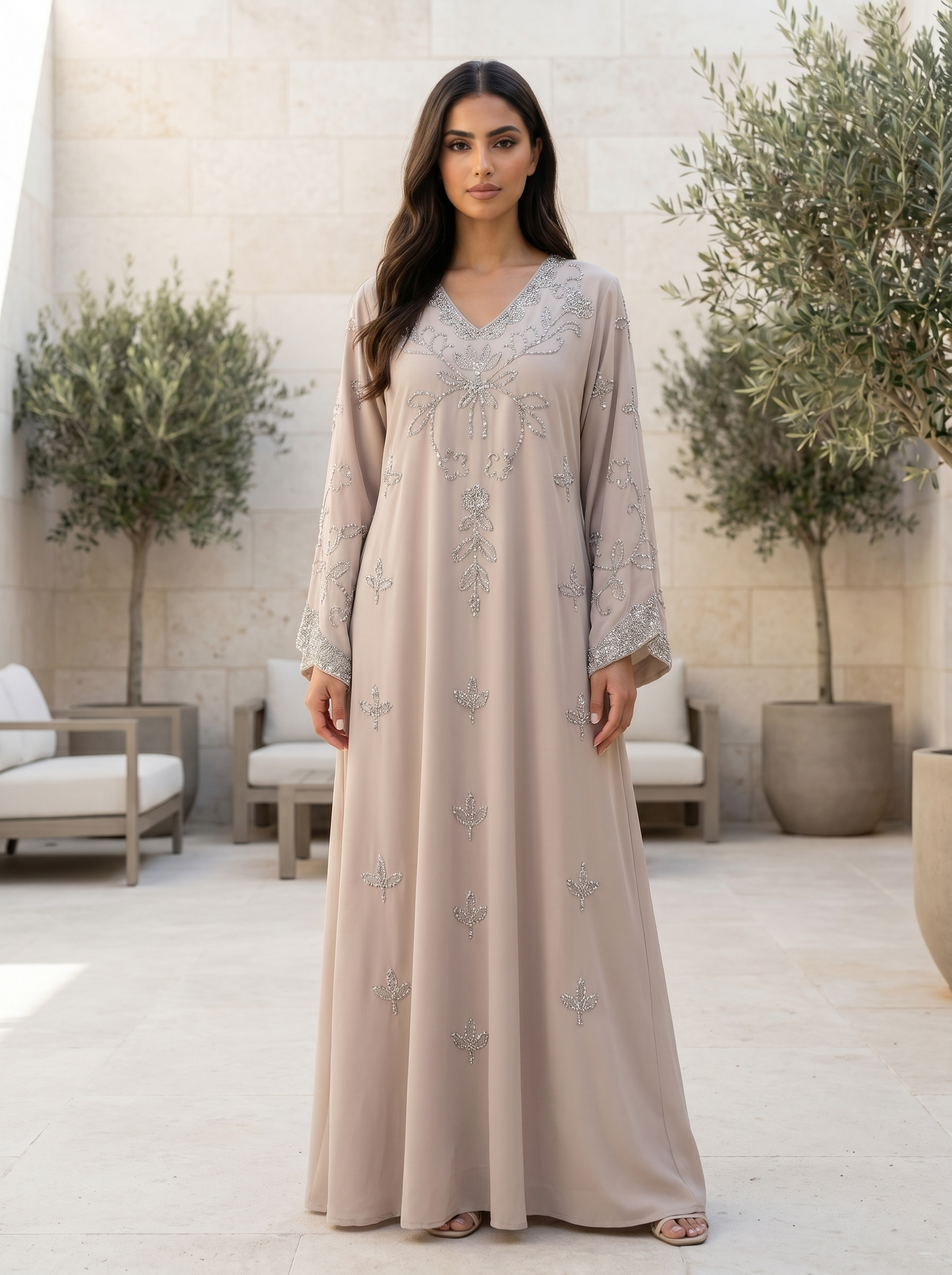 Radiant Embellished Jalabiya with Silver Floral Embroidery & Removable Belt