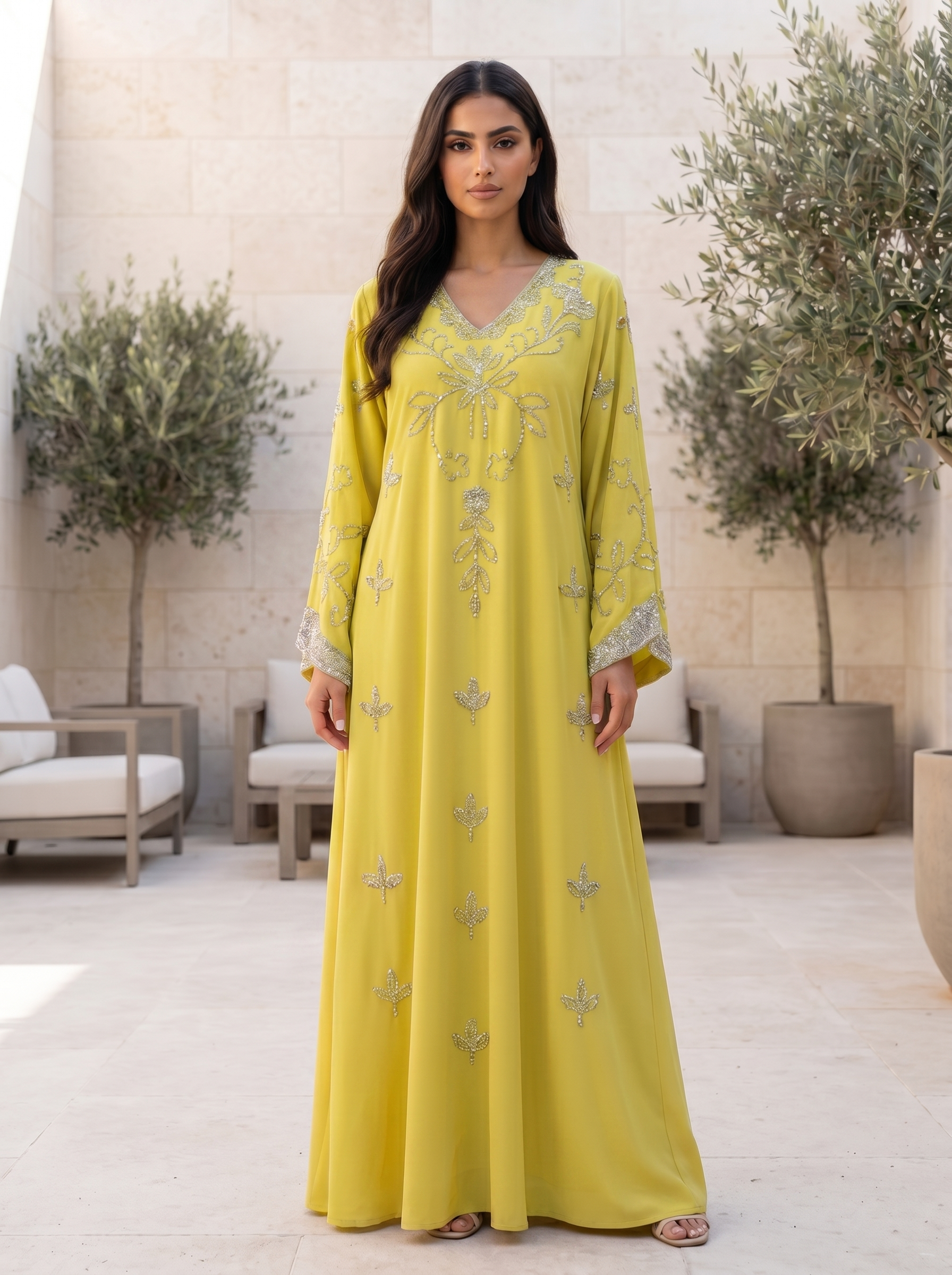 Radiant Embellished Jalabiya with Silver Floral Embroidery & Removable Belt