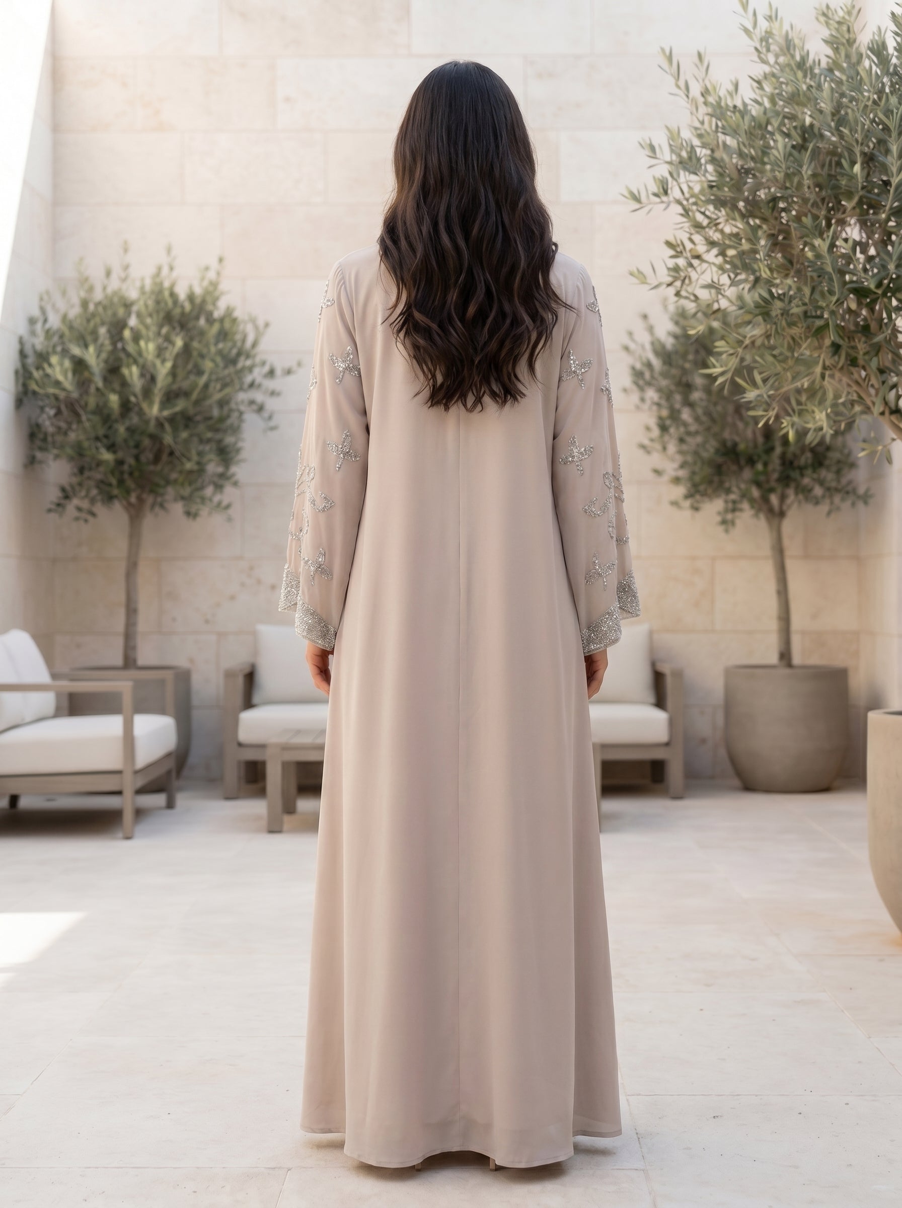 Radiant Embellished Jalabiya with Silver Floral Embroidery & Removable Belt