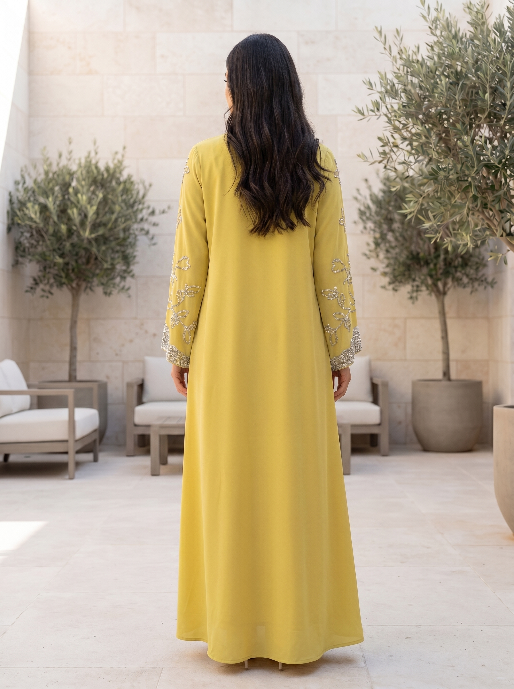Radiant Embellished Jalabiya with Silver Floral Embroidery & Removable Belt
