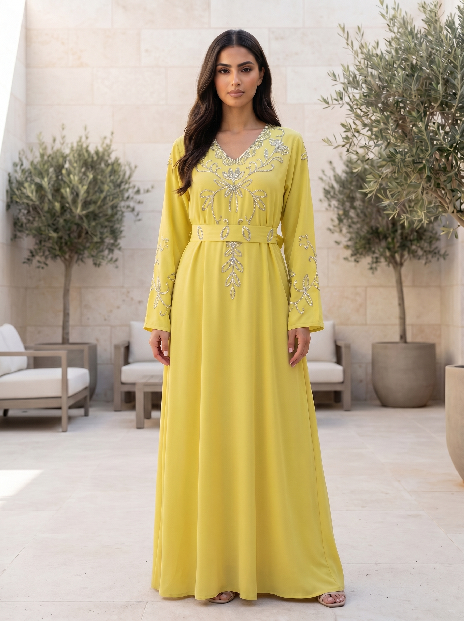 Radiant Embellished Jalabiya with Silver Floral Embroidery & Removable Belt
