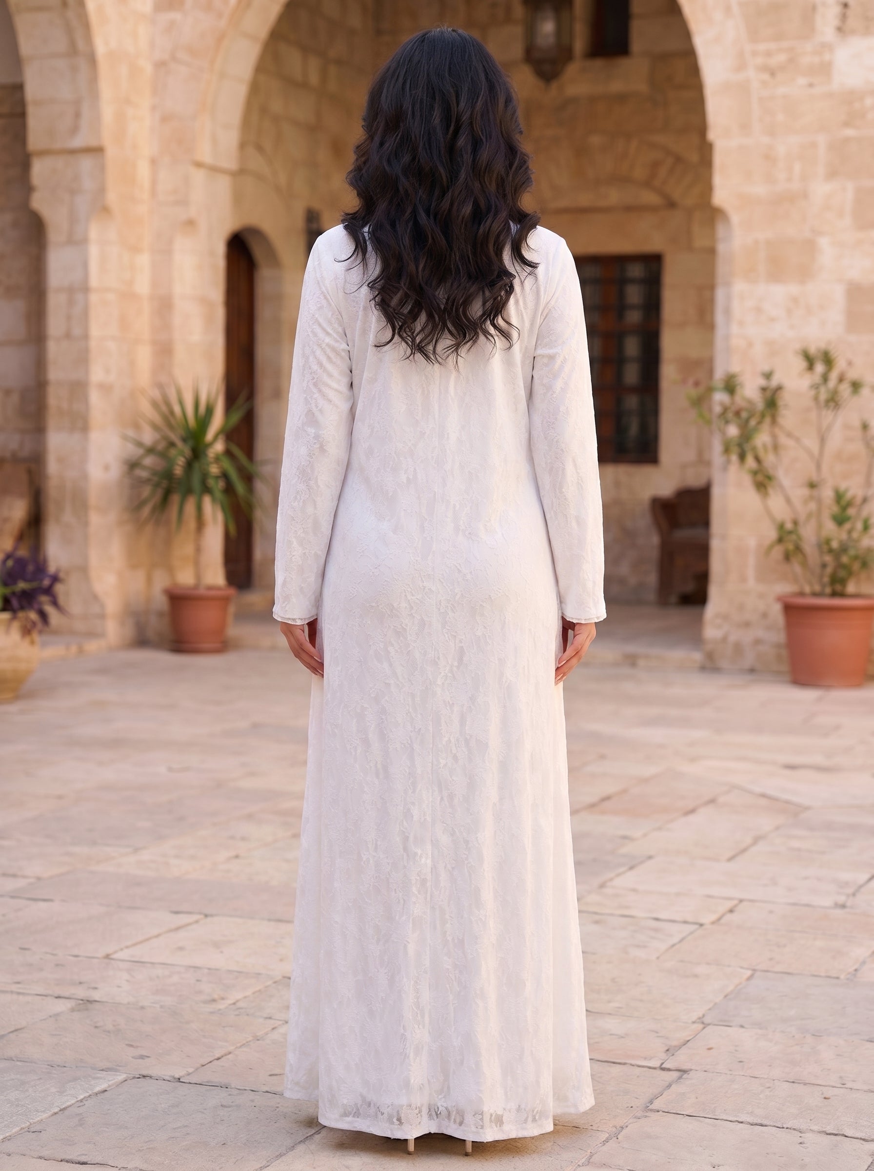 Elegant White Textured Kaftan Jalabiya with Abstract Silver & Rose Sequin Embellishments