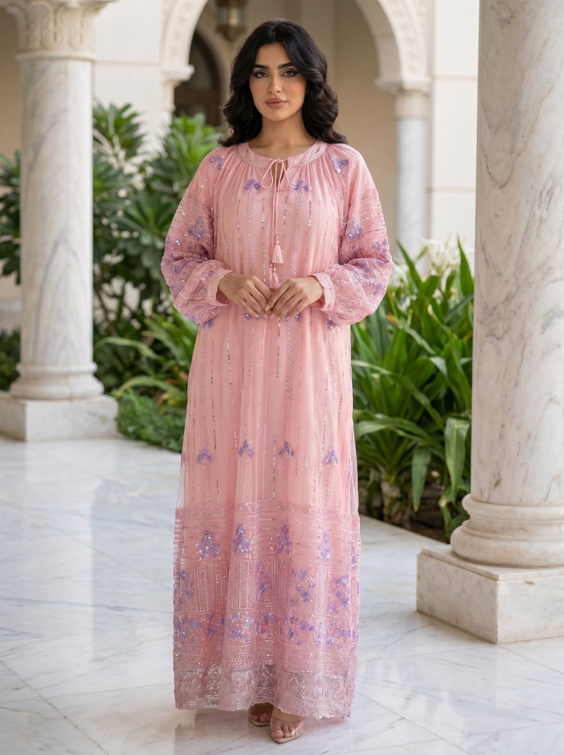 Elegant Sequined Floral Kaftan Jalabiya | Modest Maxi Dress in Pink, Green & Blue
