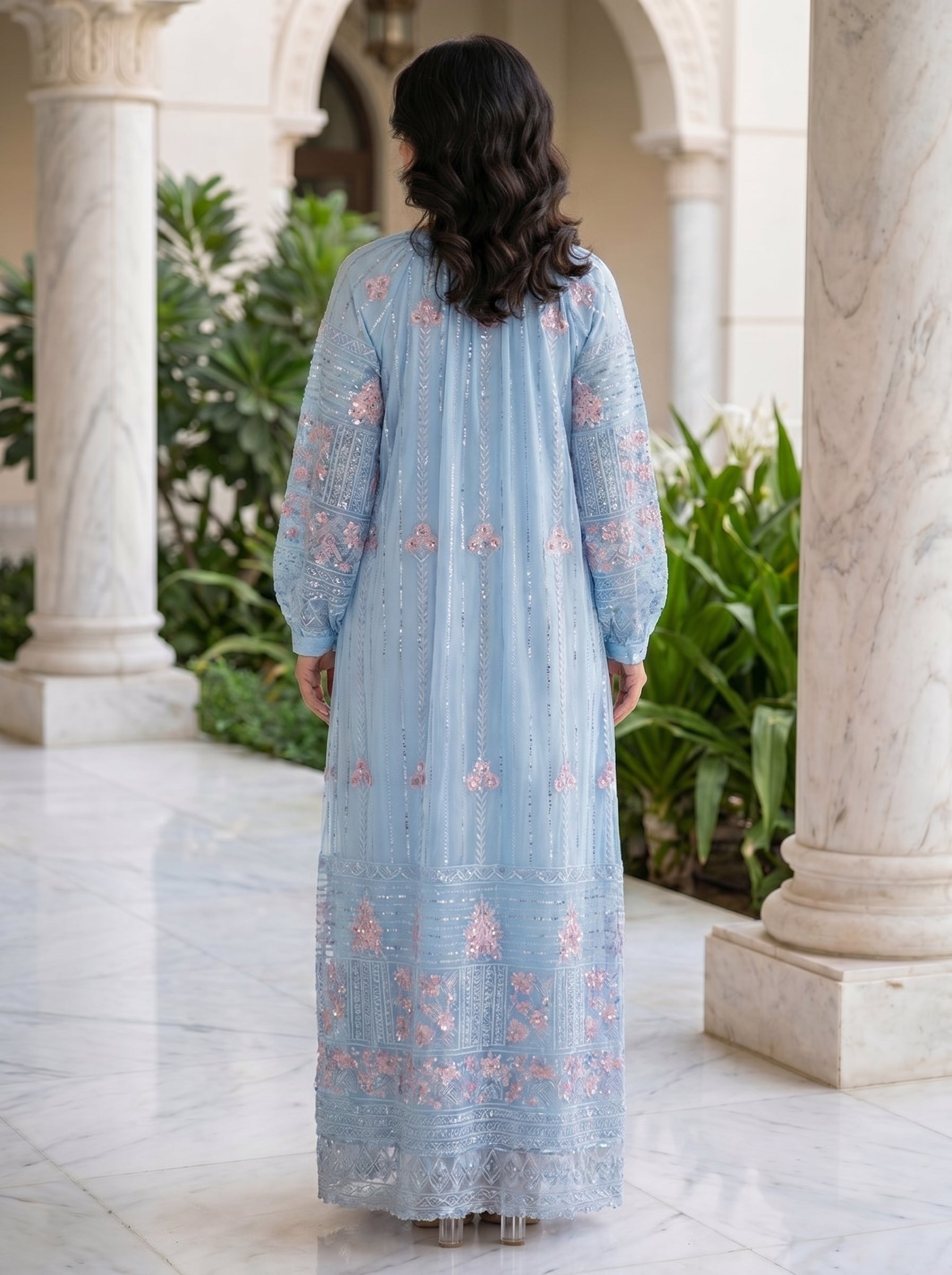 Elegant Sequined Floral Kaftan Jalabiya | Modest Maxi Dress in Pink, Green & Blue