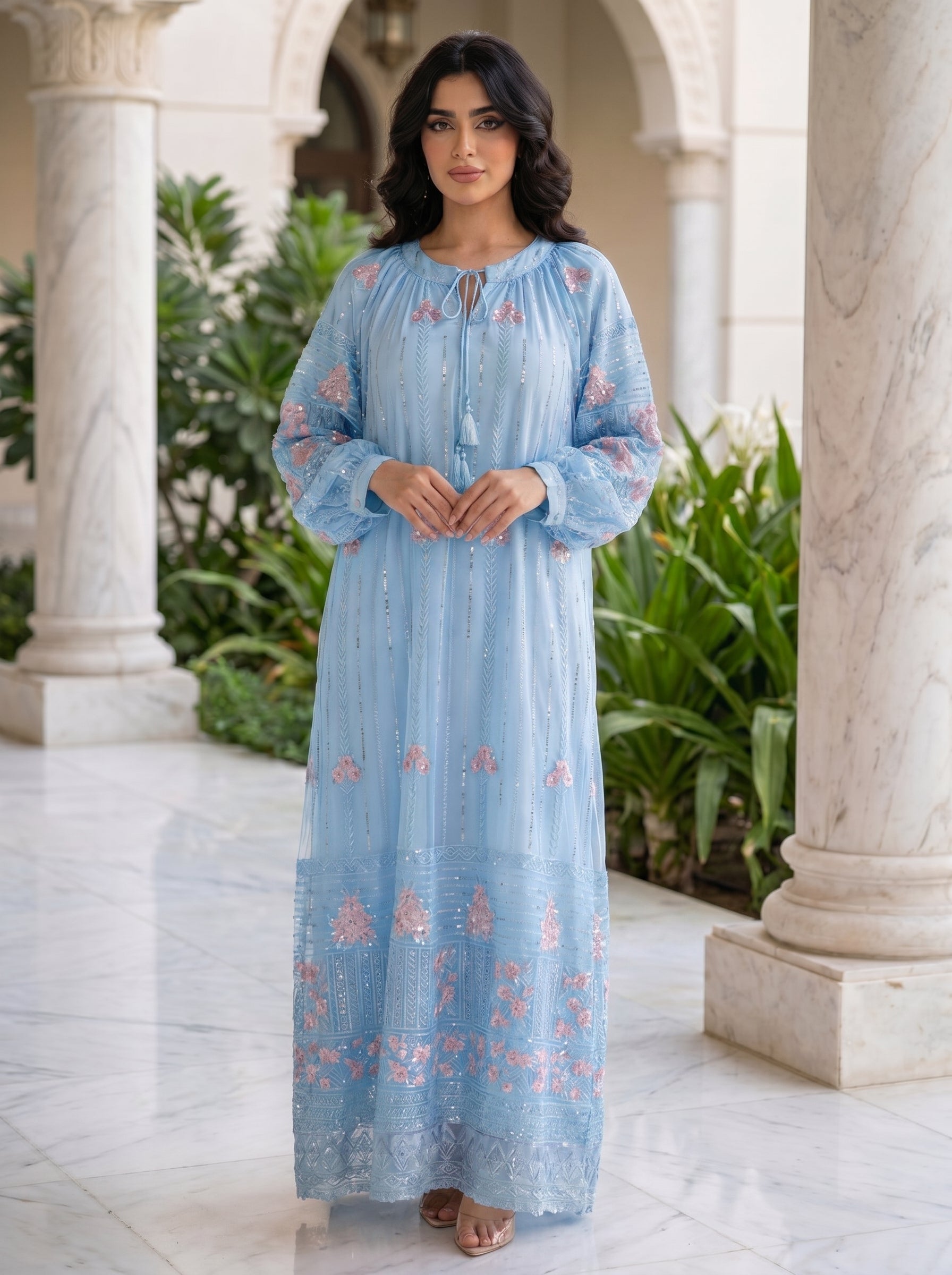 Elegant Sequined Floral Kaftan Jalabiya | Modest Maxi Dress in Pink, Green & Blue