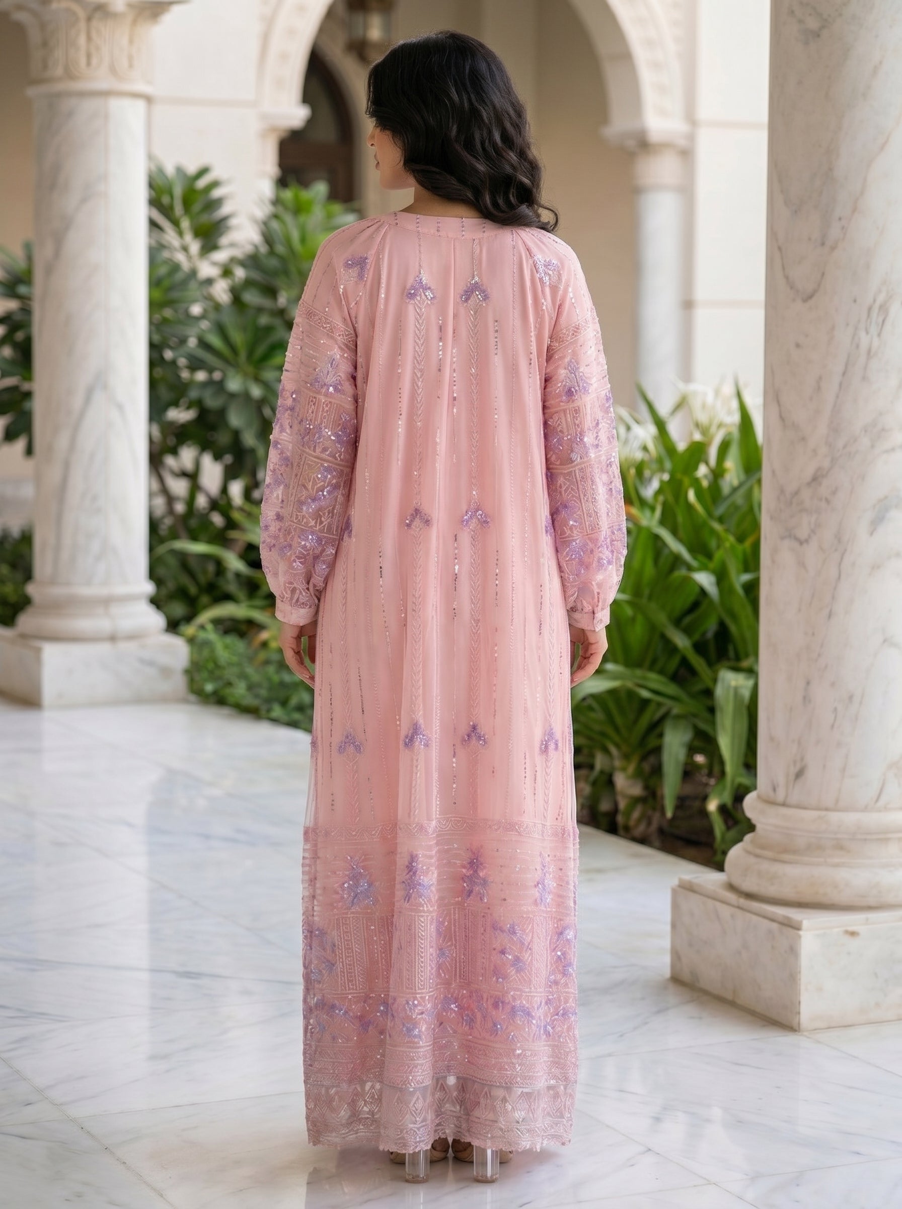 Elegant Sequined Floral Kaftan Jalabiya | Modest Maxi Dress in Pink, Green & Blue