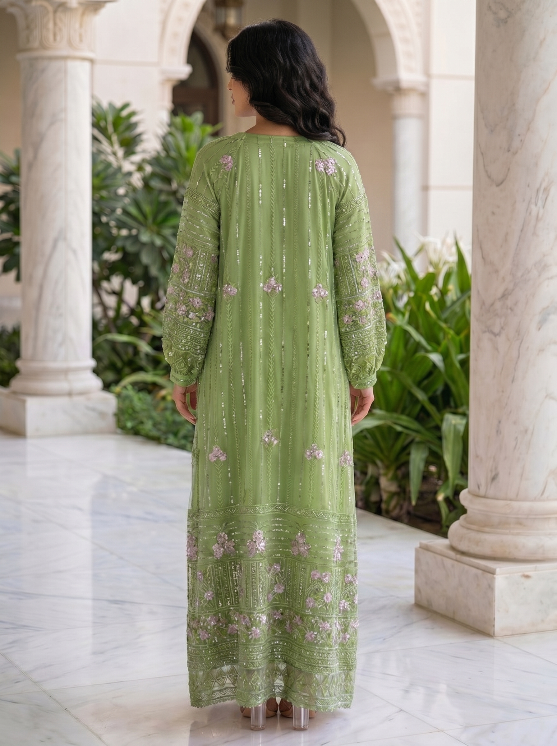 Elegant Sequined Floral Kaftan Jalabiya | Modest Maxi Dress in Pink, Green & Blue