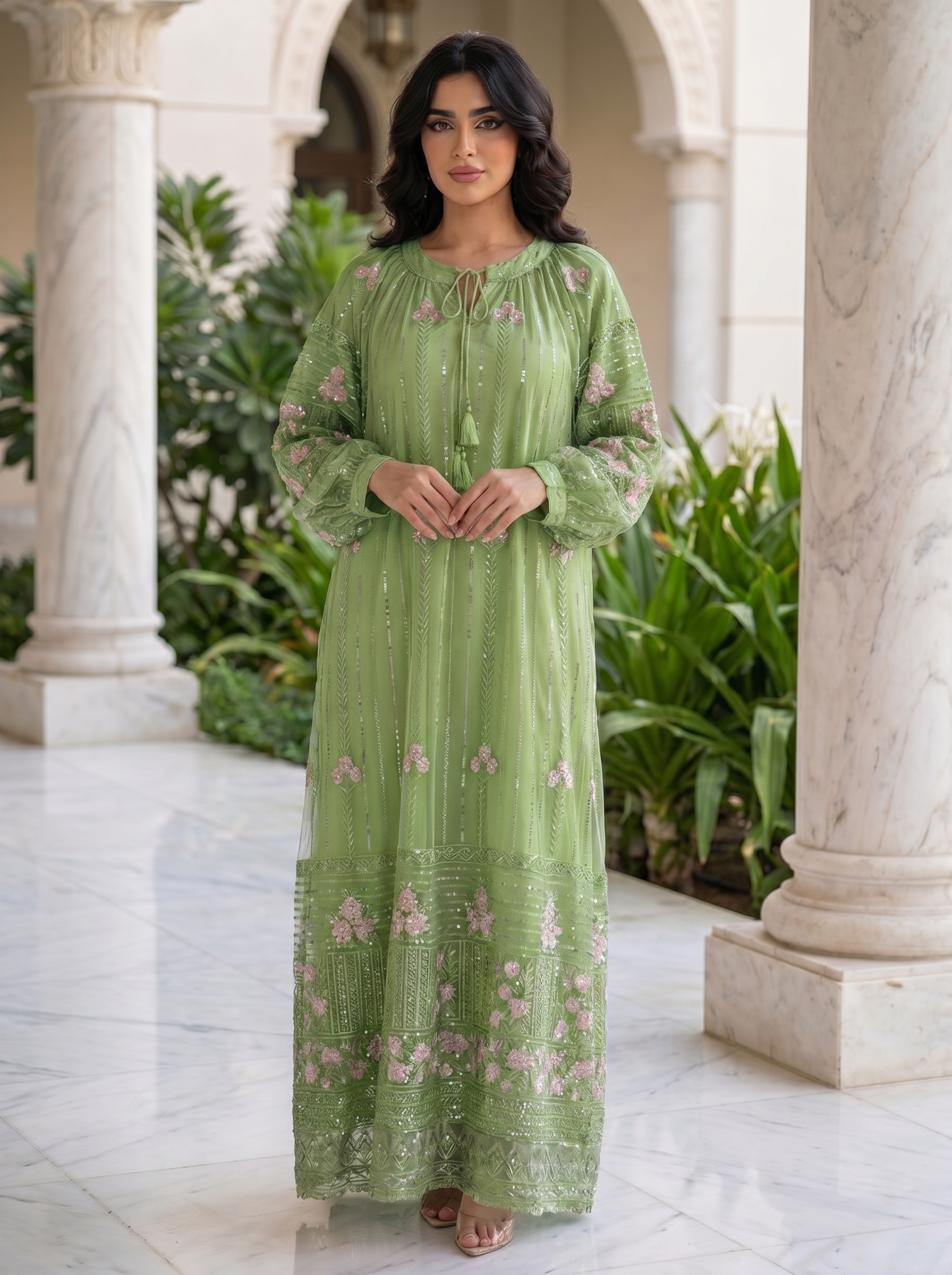 Elegant Sequined Floral Kaftan Jalabiya | Modest Maxi Dress in Pink, Green & Blue