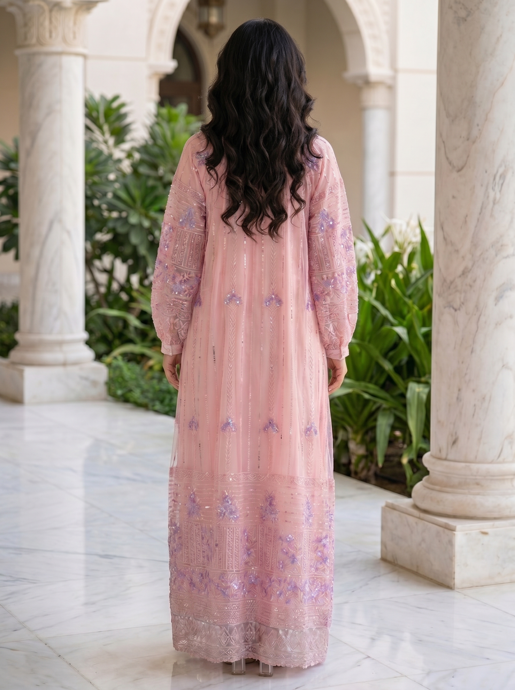 Elegant Sequined Floral Kaftan Jalabiya | Modest Maxi Dress in Pink, Green & Blue