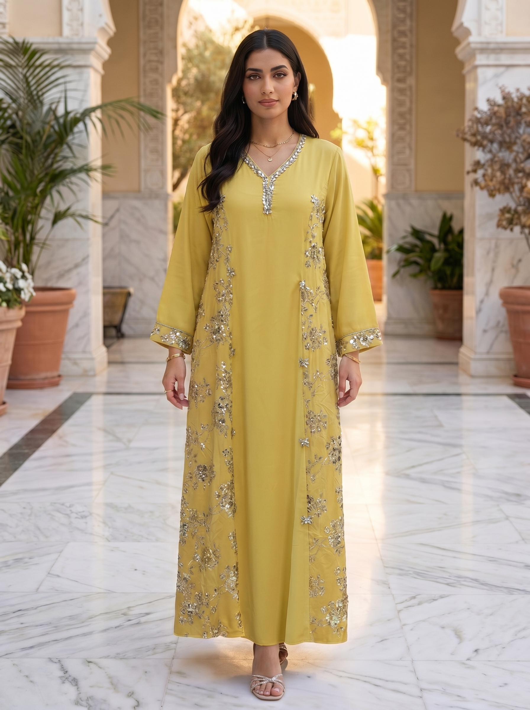 Floral Sequin Embroidered Jalabiya | Luxury Kaftan Maxi Dress