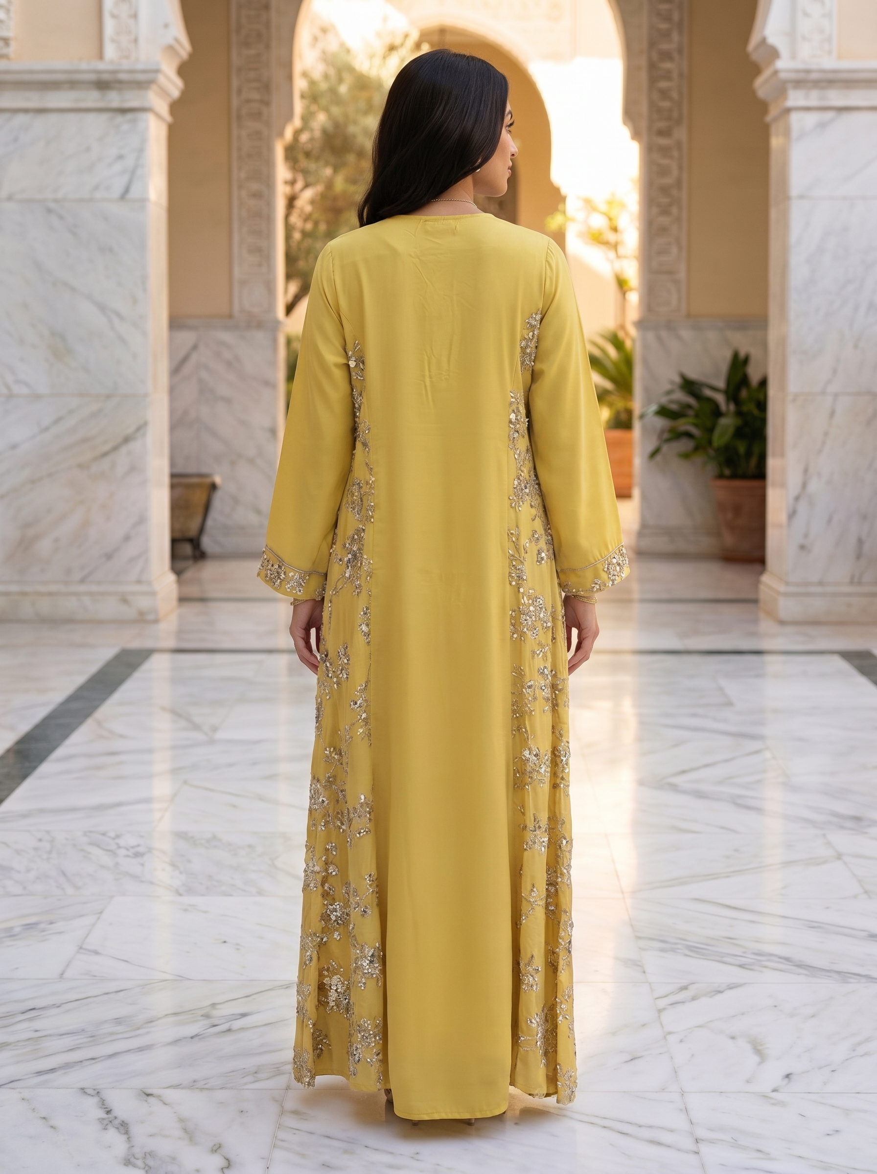 Floral Sequin Embroidered Jalabiya | Luxury Kaftan Maxi Dress