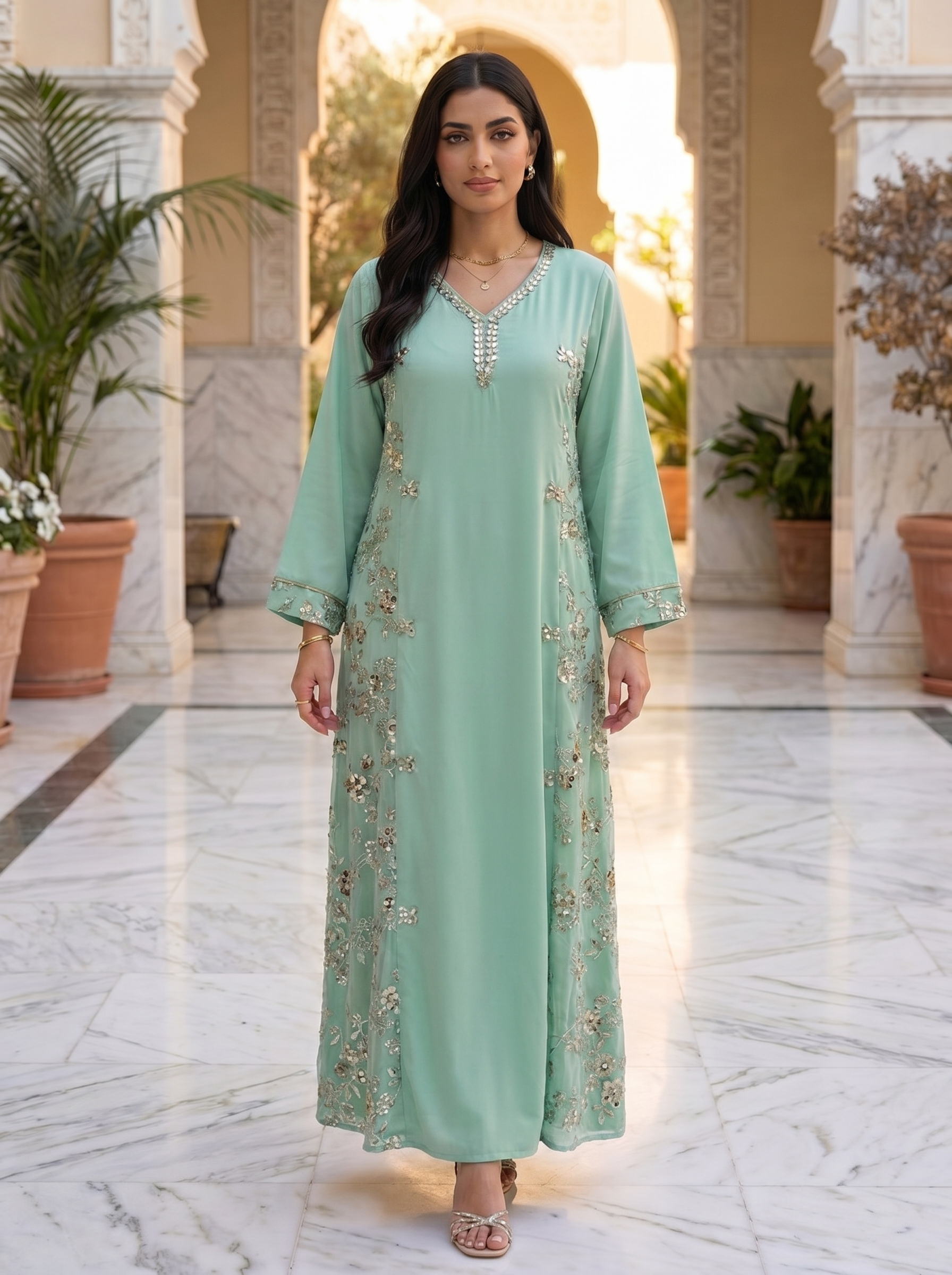 Floral Sequin Embroidered Jalabiya | Luxury Kaftan Maxi Dress