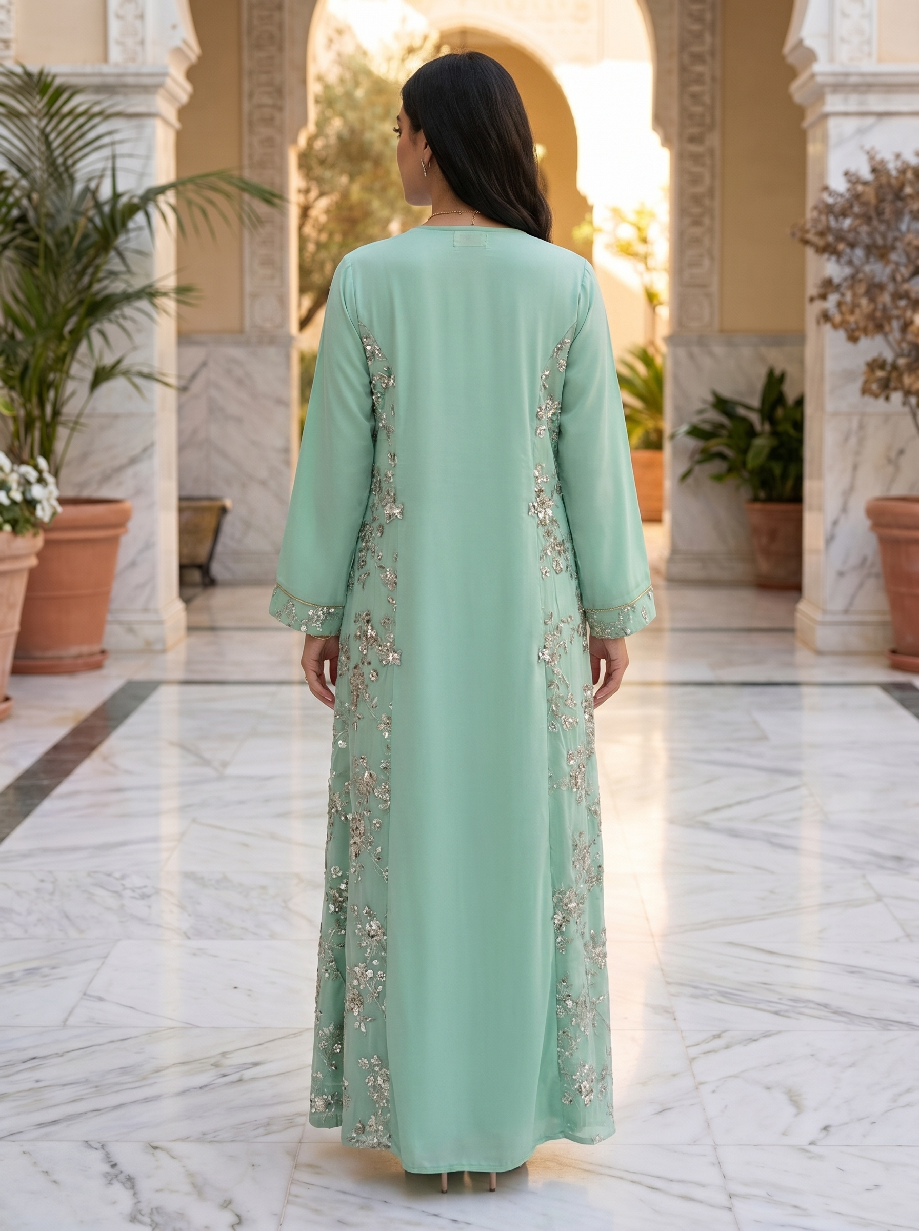 Floral Sequin Embroidered Jalabiya | Luxury Kaftan Maxi Dress