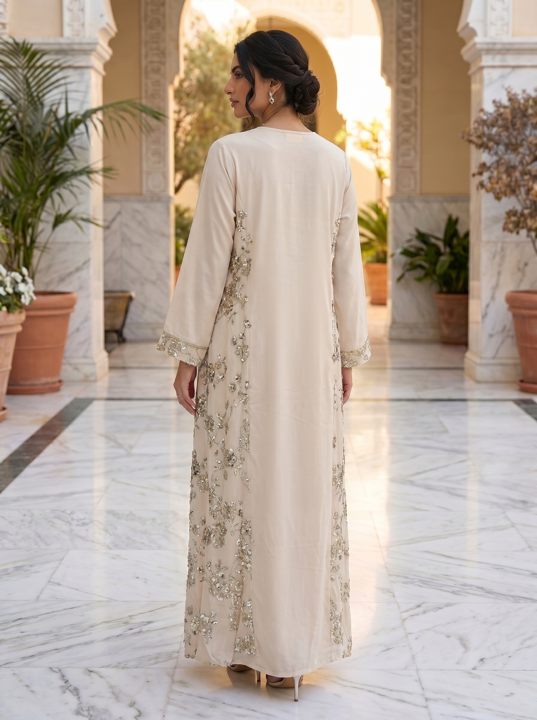 Floral Sequin Embroidered Jalabiya | Luxury Kaftan Maxi Dress