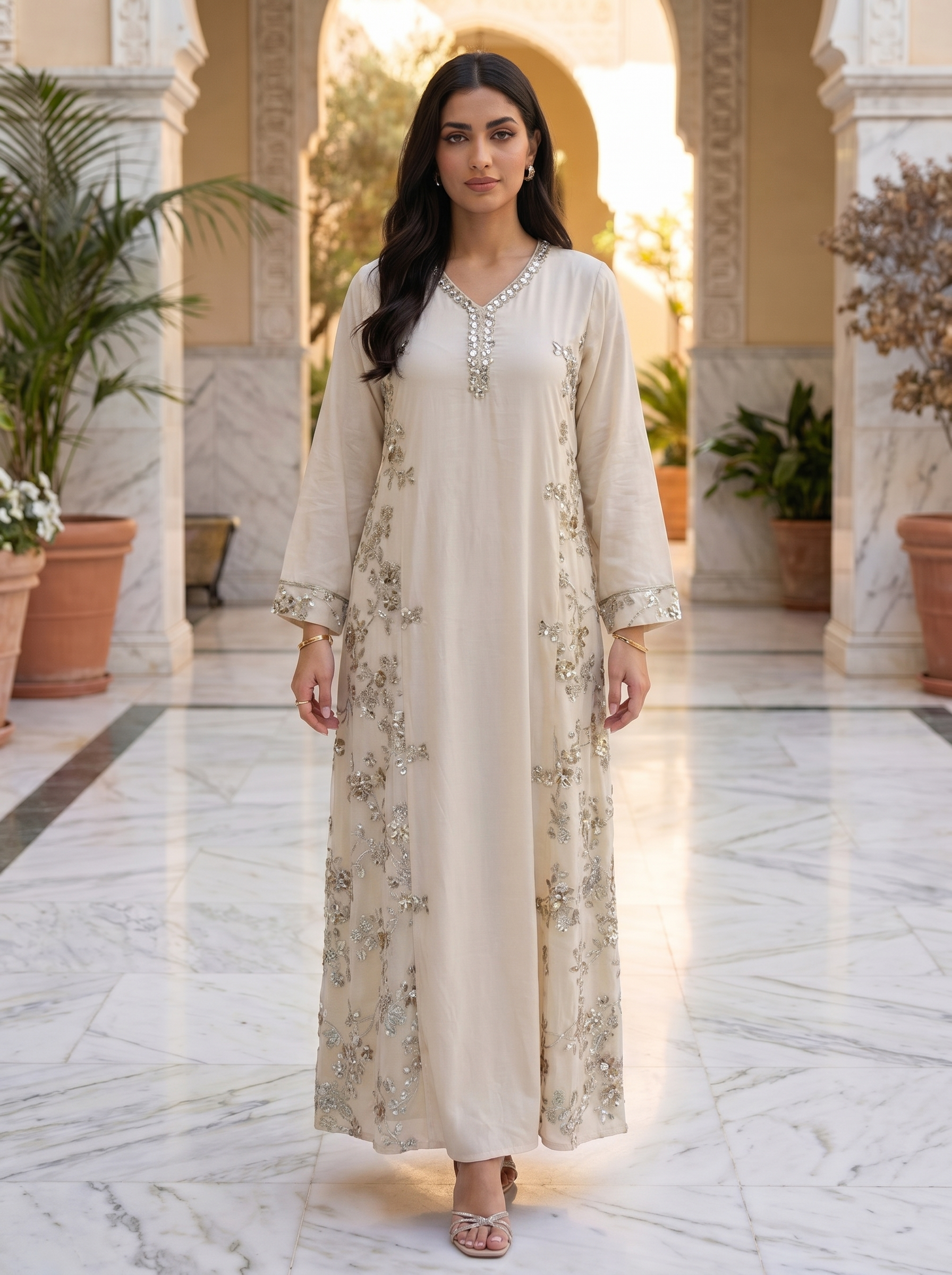 Floral Sequin Embroidered Jalabiya | Luxury Kaftan Maxi Dress