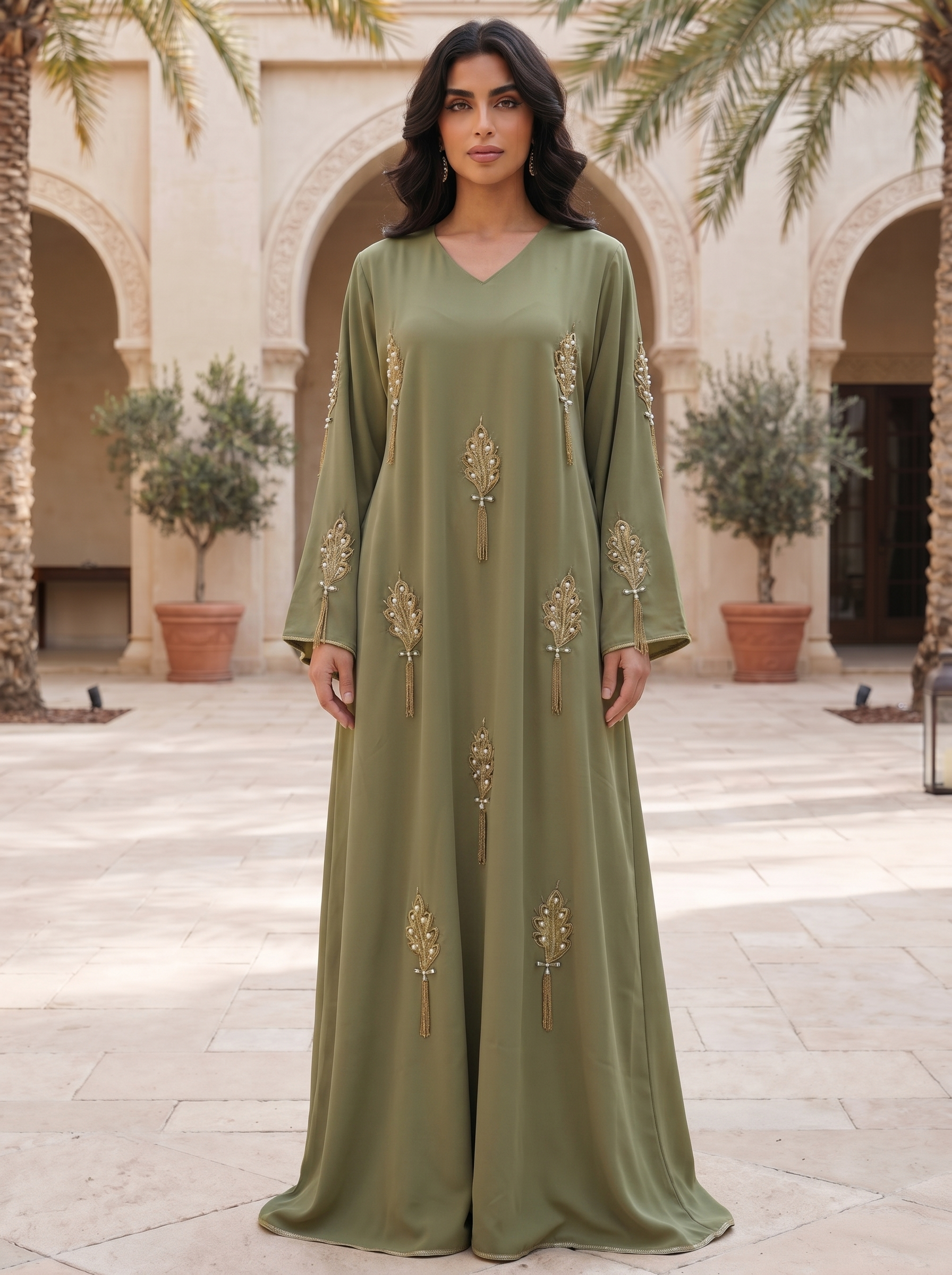 Elegant Embellished Jalabiya with Gold Leaf Embroidery & Tassels | Luxury Modest Wear