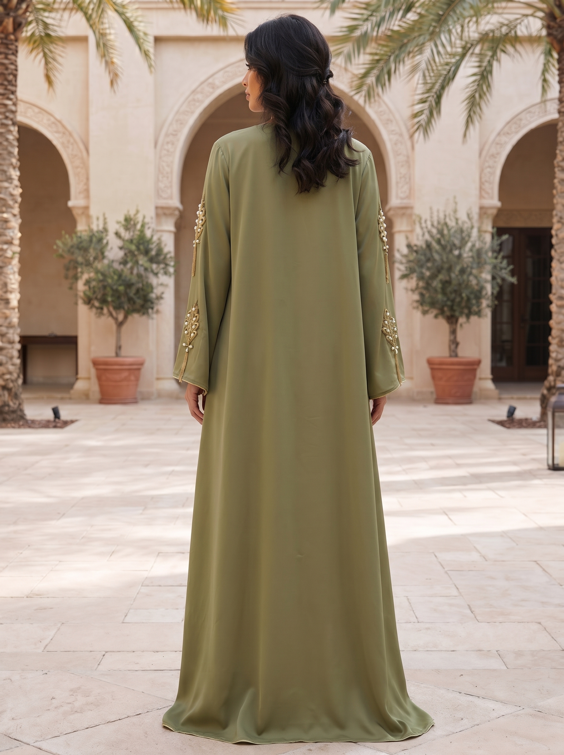 Elegant Embellished Jalabiya with Gold Leaf Embroidery & Tassels | Luxury Modest Wear